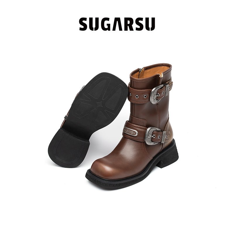 Sugar Su Crisp Cowhide Murad Rider Boots Brown | MADA IN CHINA