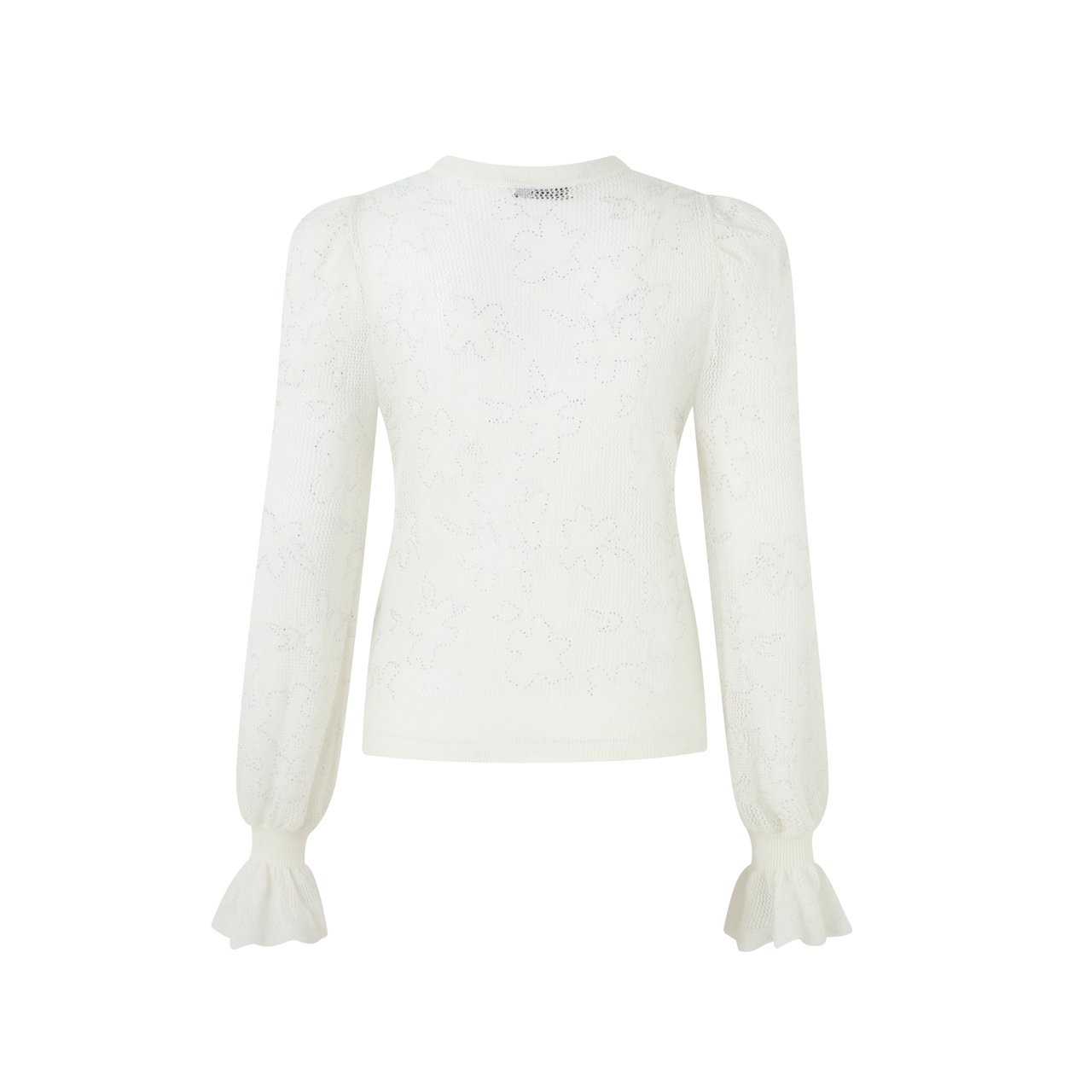 DIANA VEVINA Crochet Ruffle Sleeve Small Crew Neck Knit Sweater | MADA IN CHINA