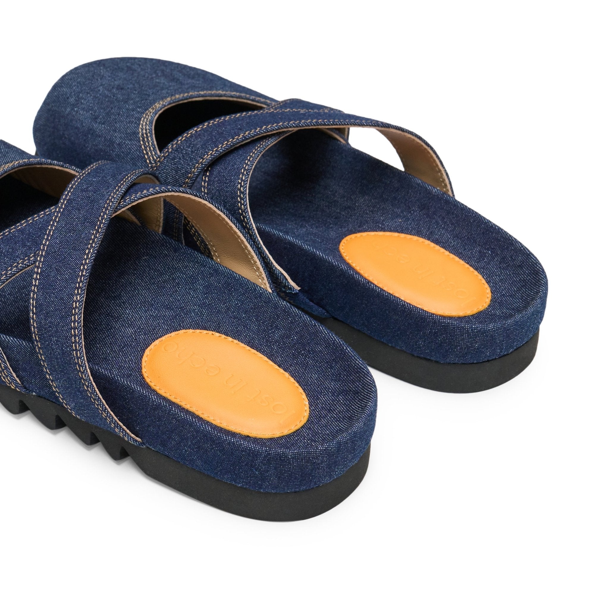 LOST IN ECHO Cross Strap Bun Head Birkenstock Slippers In Denim | MADAX