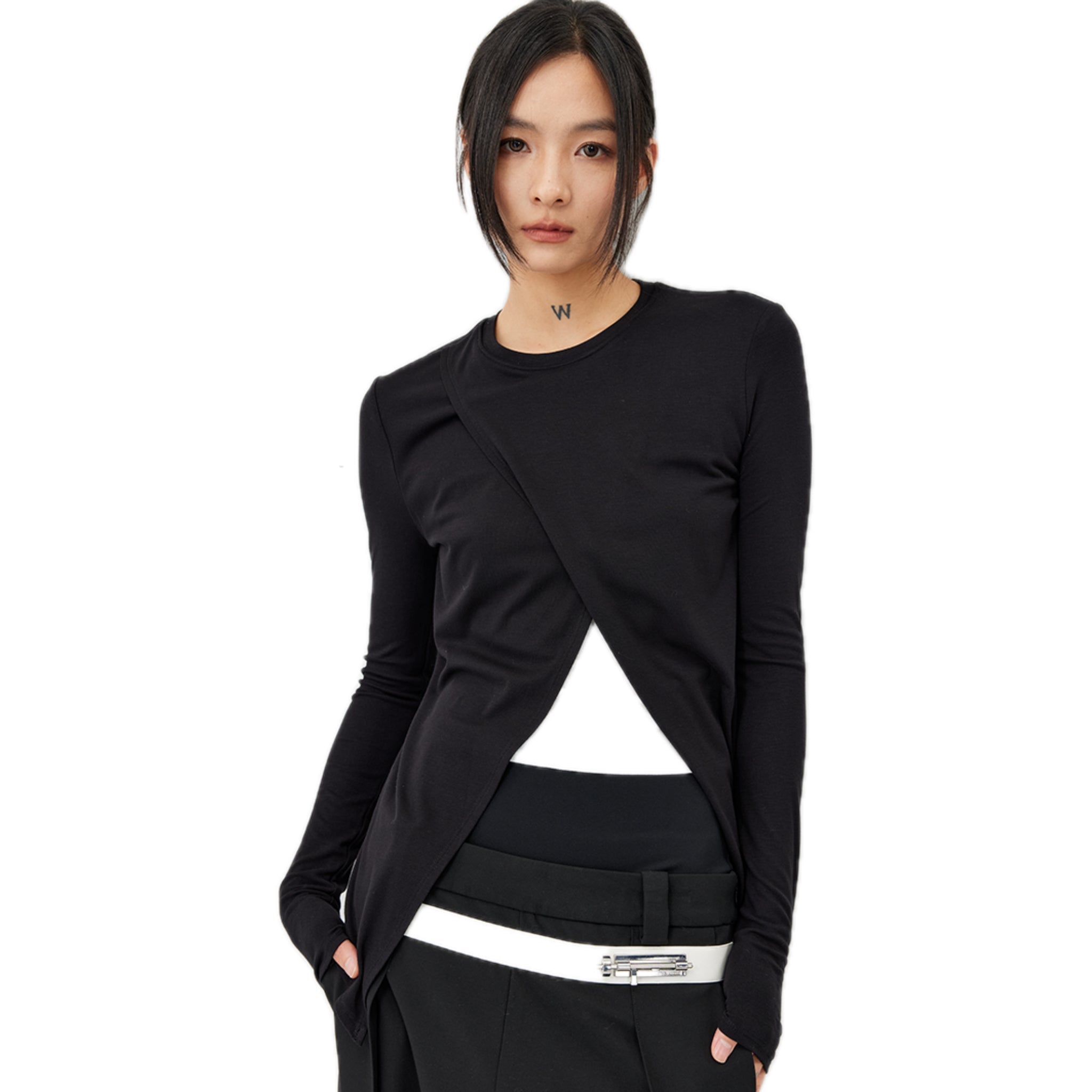 UNAWARES Crossed Fake Two Long Sleeved Tops In Black | MADAX