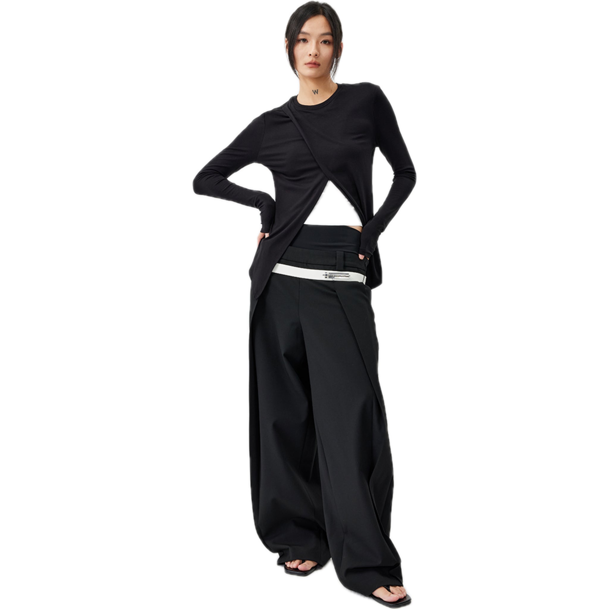 UNAWARES Crossed Fake Two Long Sleeved Tops In Black | MADAX