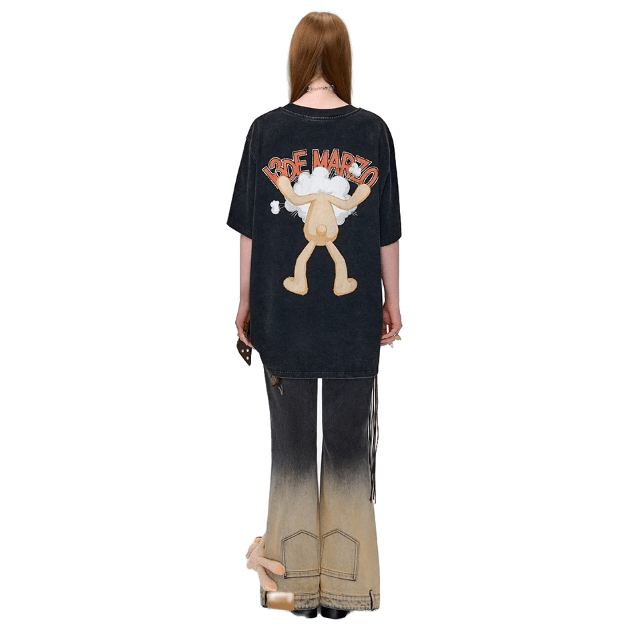 13DE MARZO Crossing Illustration Bear Short - sleeved in Black | MADAX