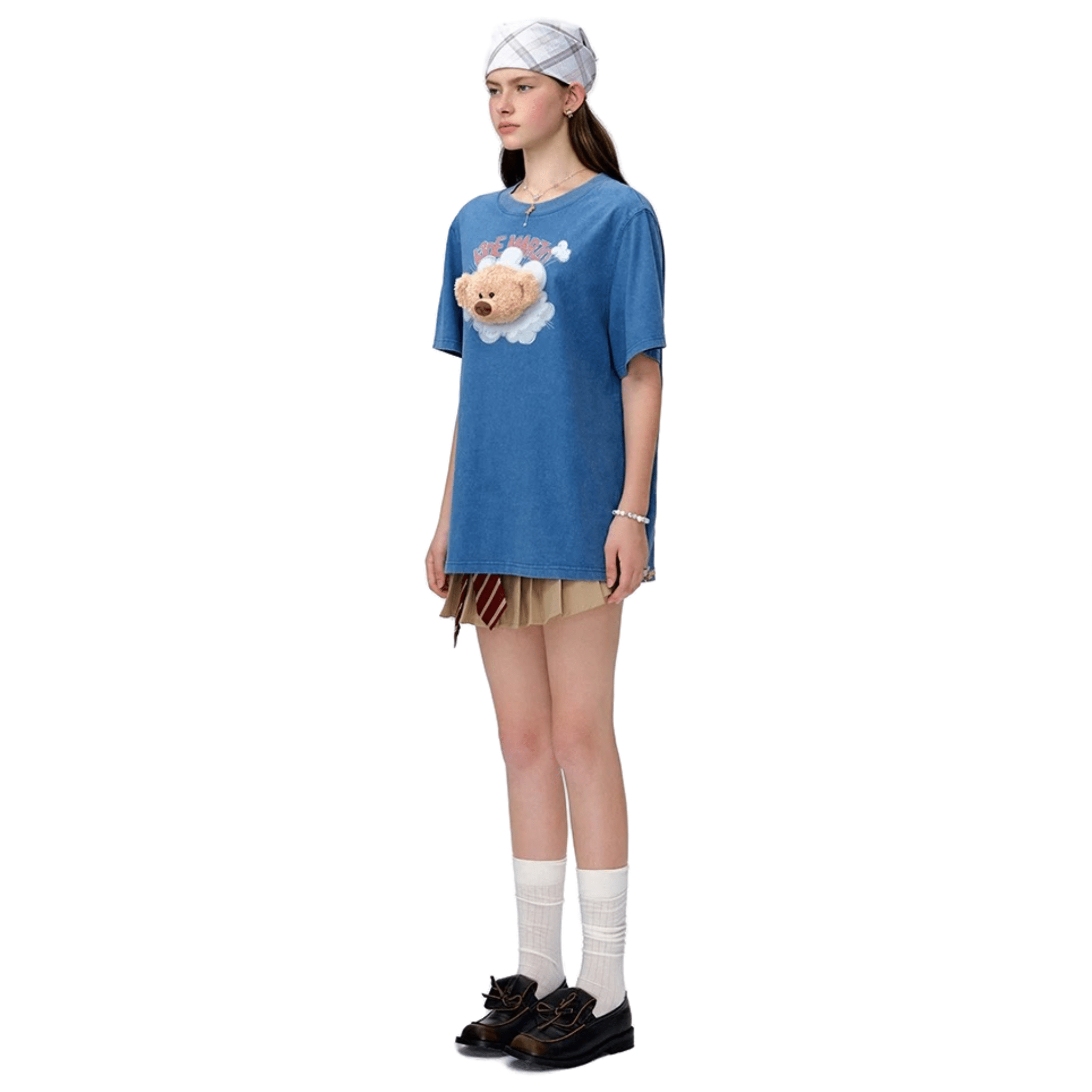 13DE MARZO Crossing Illustration Bear Short - sleeved in Blue | MADAX
