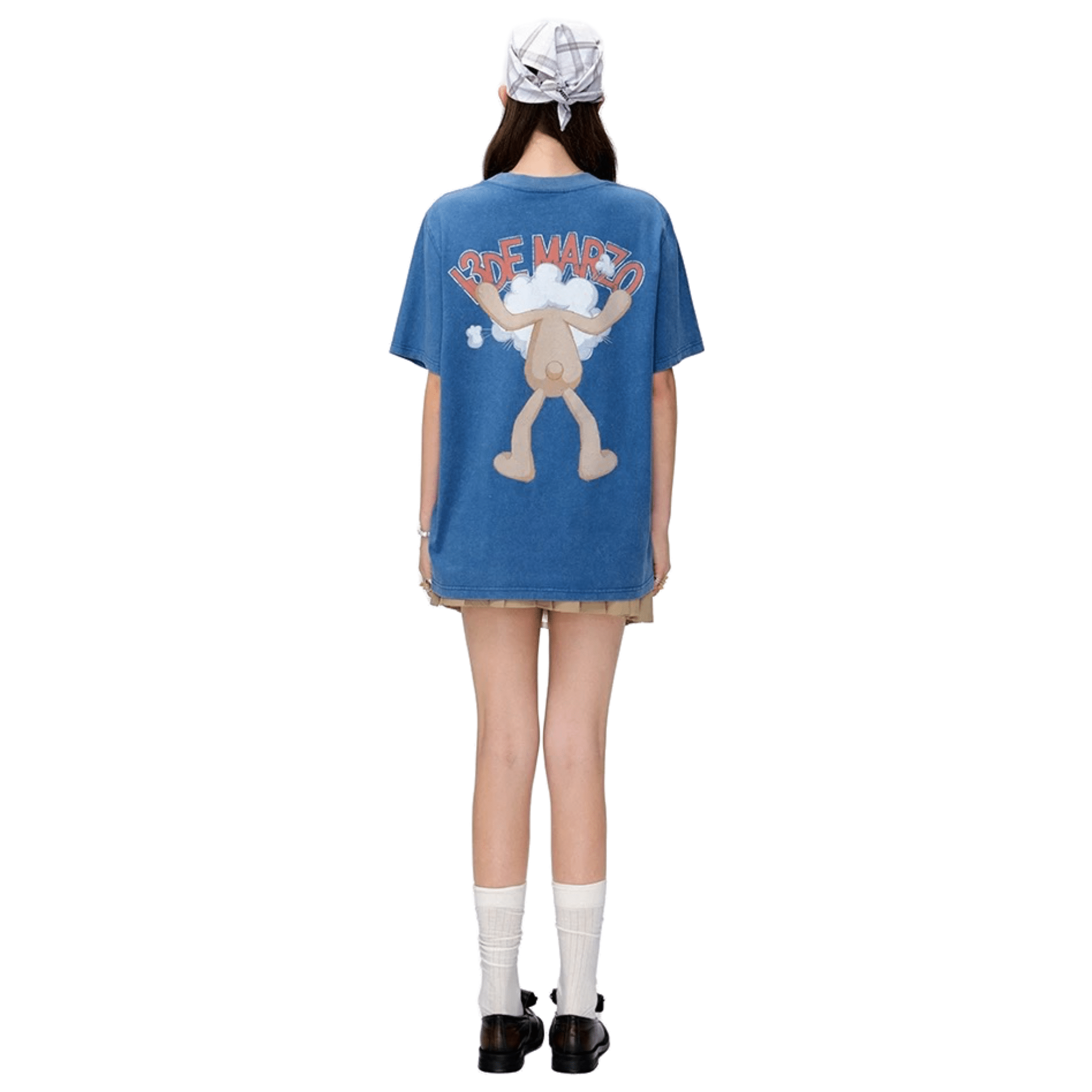 13DE MARZO Crossing Illustration Bear Short - sleeved in Blue | MADAX