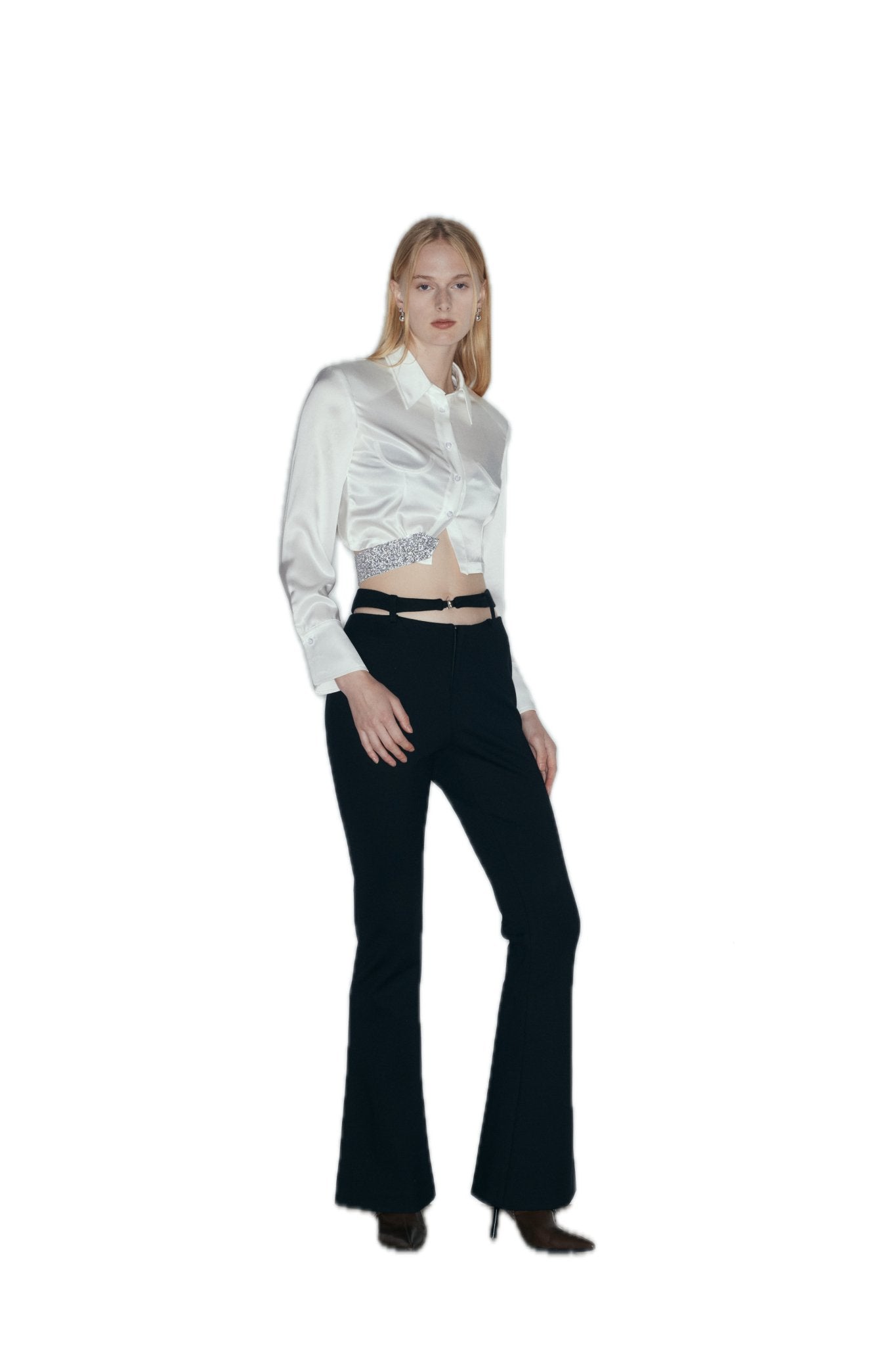 NECESSARY ANANKE Cutout Wool Blend Flared Trousers In Black | MADAX