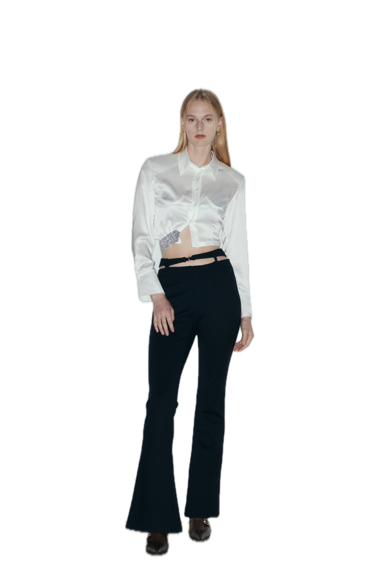 NECESSARY ANANKE Cutout Wool Blend Flared Trousers In Black | MADAX