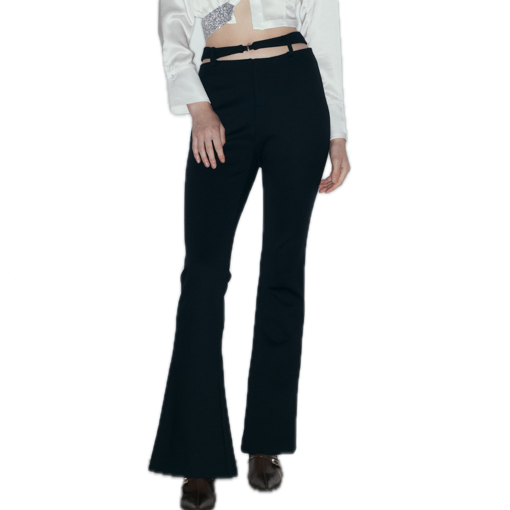 NECESSARY ANANKE Cutout Wool Blend Flared Trousers In Black | MADAX