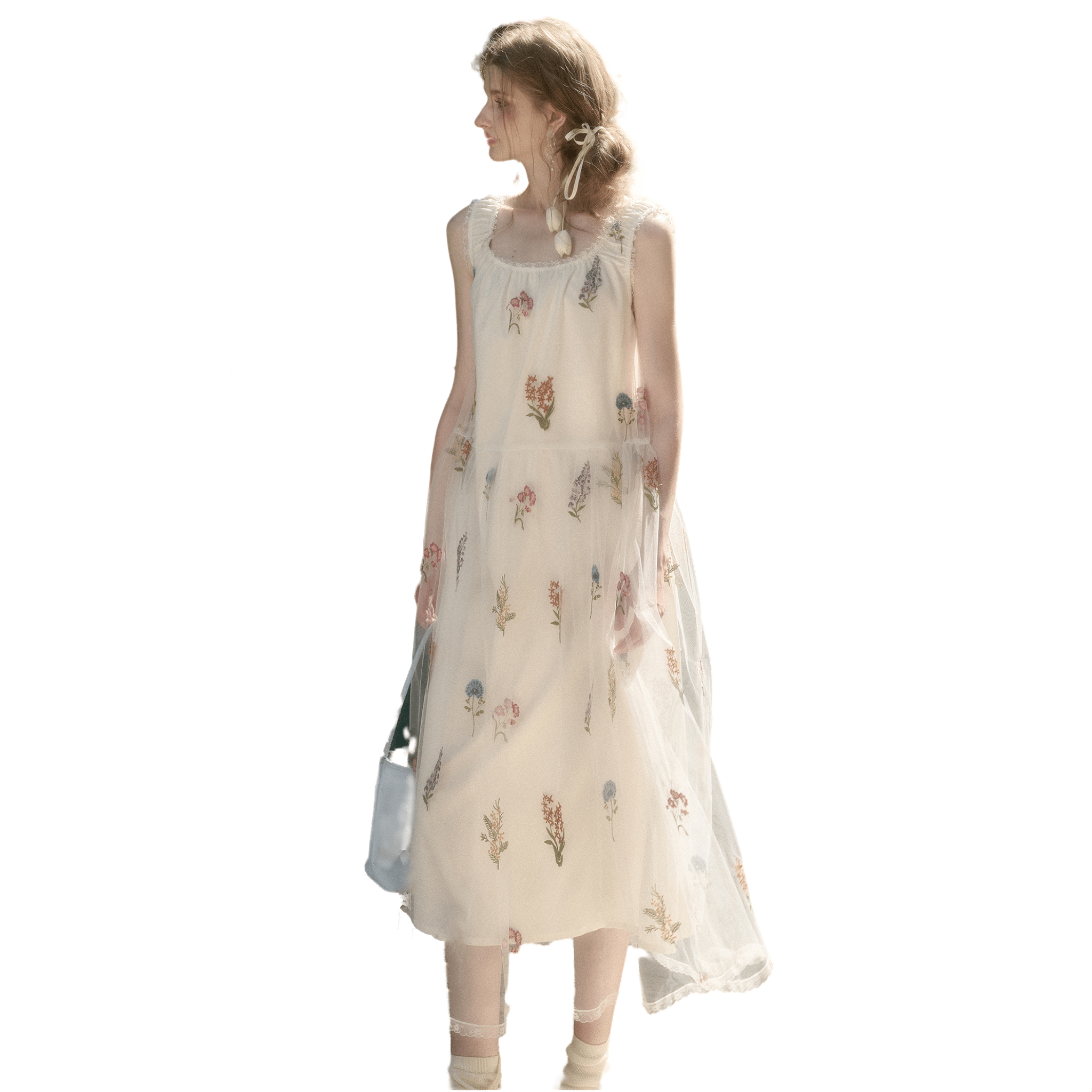 Group of Universe "Dandelion" Flower Embroidery Dress in White | MADAX