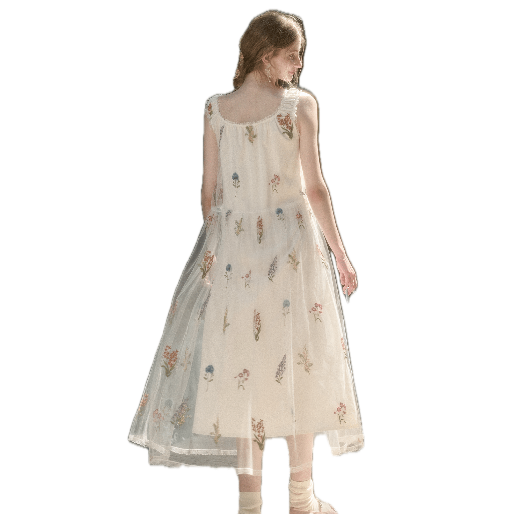 Group of Universe "Dandelion" Flower Embroidery Dress in White | MADAX