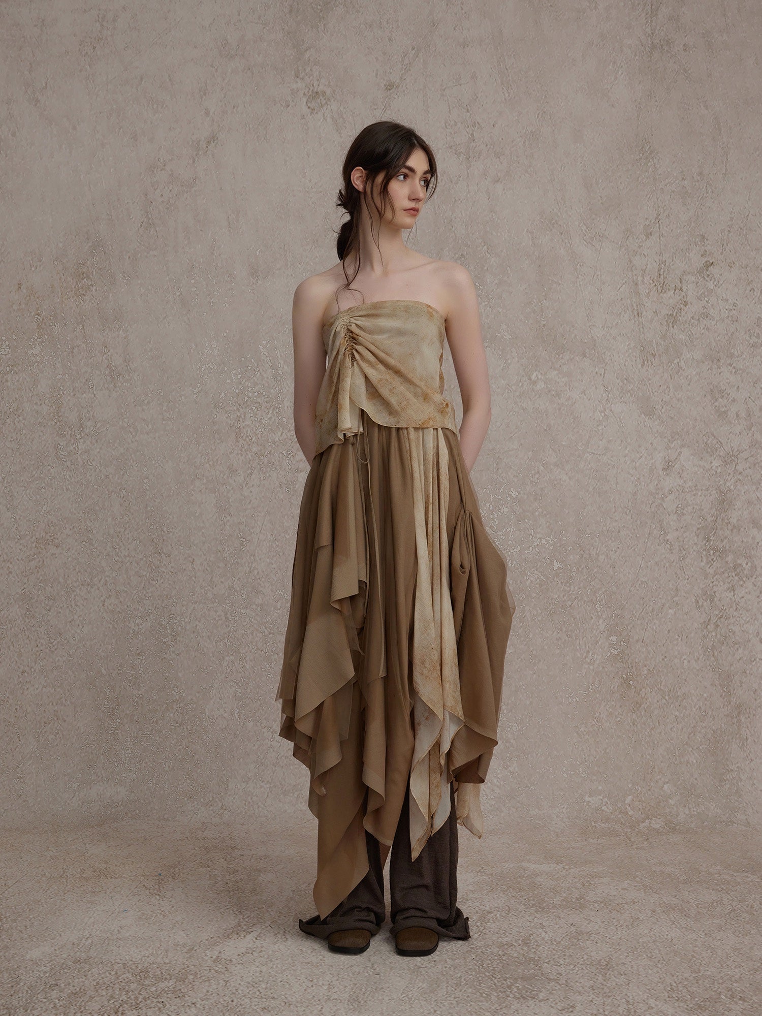 ELYWOOD Dark Golden Rod Ruched Maxi Dress | MADAX