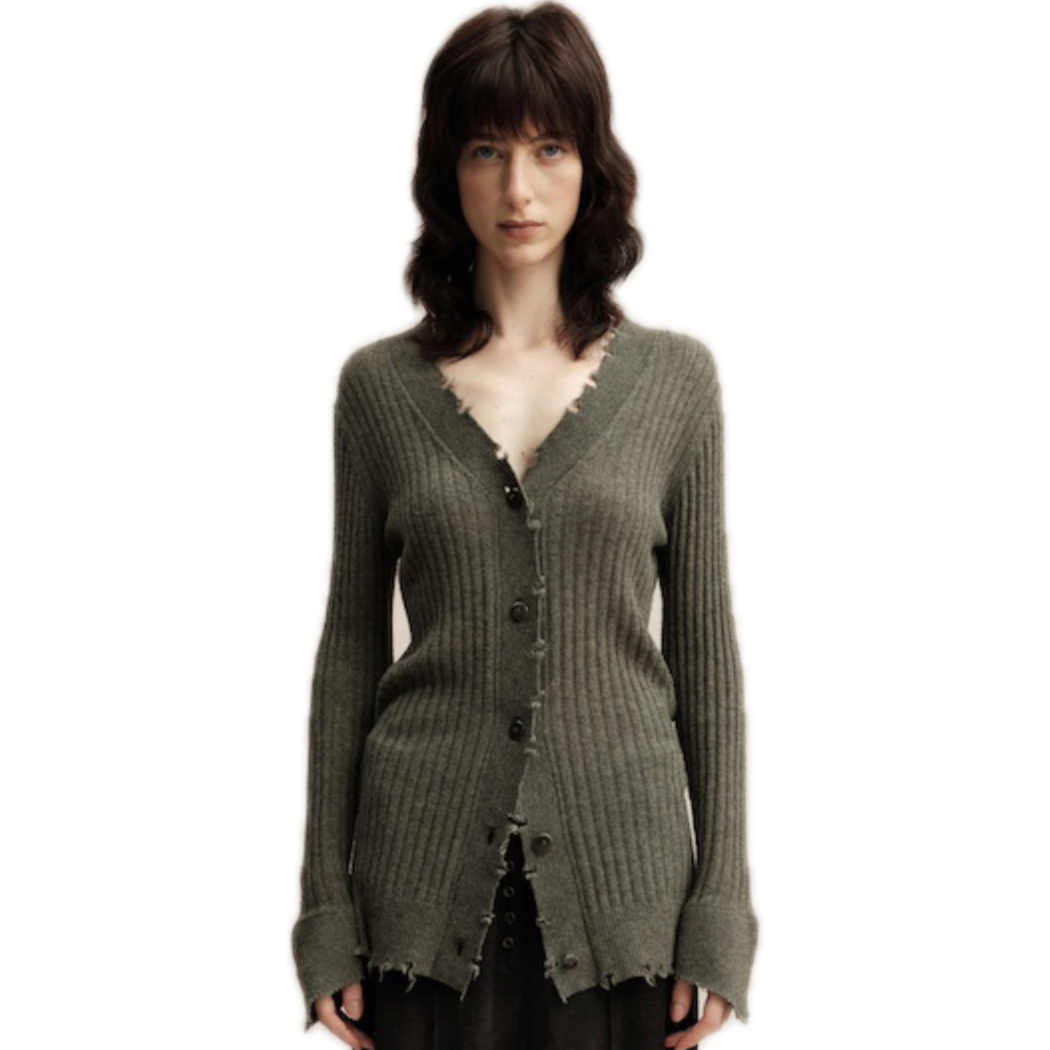 ELYWOOD Dark Green Knitted Raw Edge Cardigan | MADAX