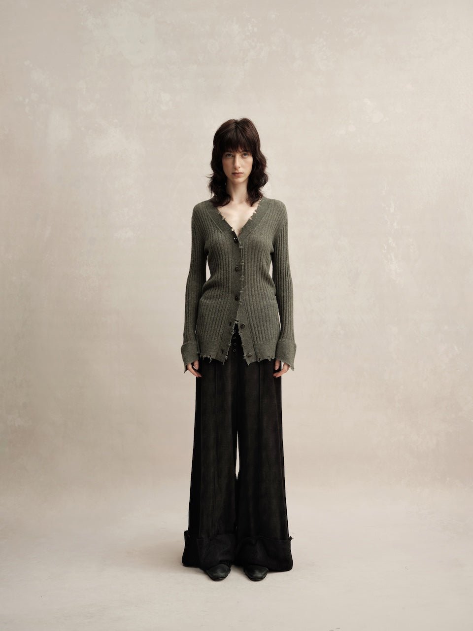 ELYWOOD Dark Green Knitted Raw Edge Cardigan | MADAX