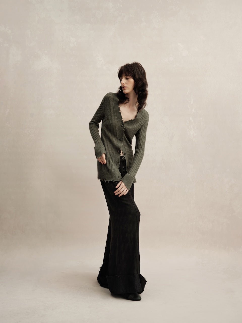 ELYWOOD Dark Green Knitted Raw Edge Cardigan | MADAX