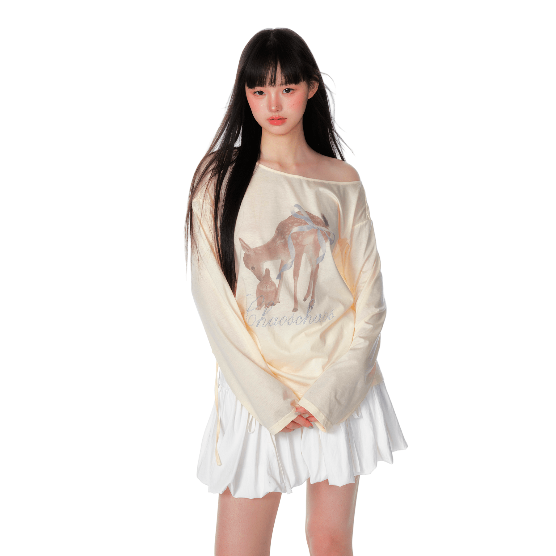 CHAOSCHAOS Deer Diamond Off - shoulder Long Sleeves In Yellow | MADAX