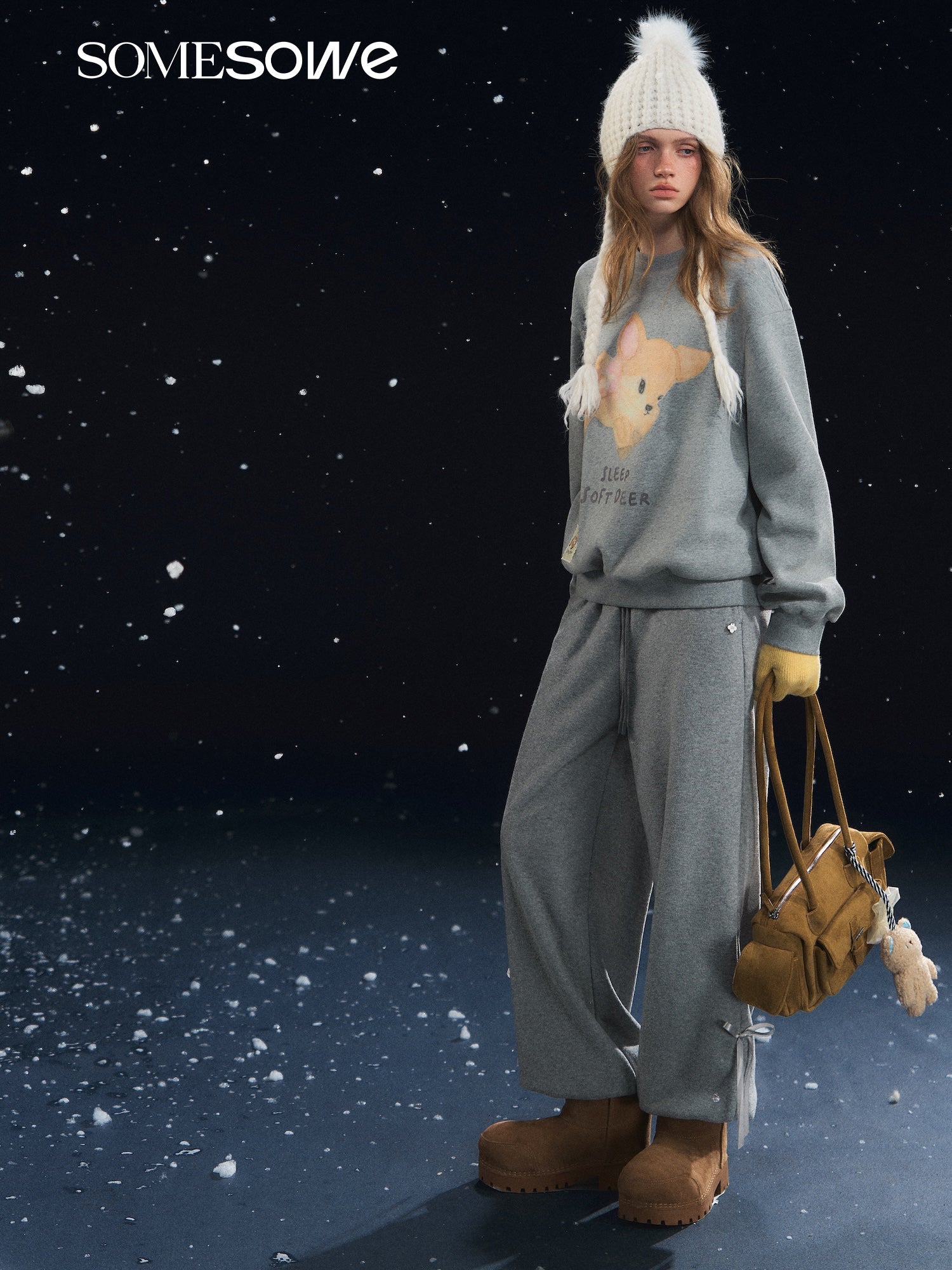 SOMESOWE Deer Fleece Crew Neck Long Sleeve Sweatshirt In Gray | MADAX