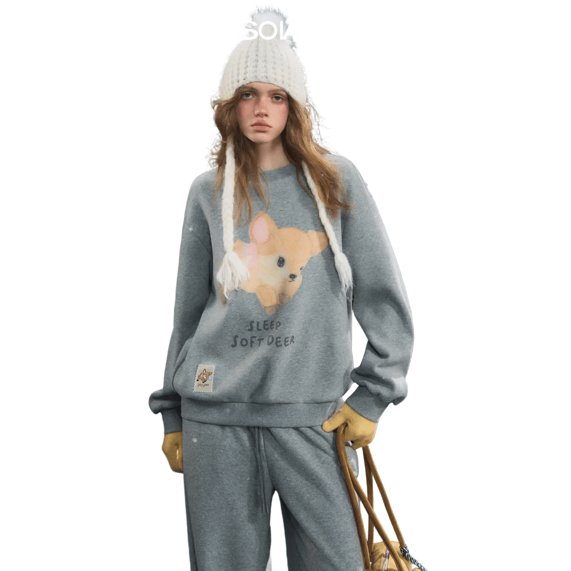 SOMESOWE Deer Fleece Crew Neck Long Sleeve Sweatshirt In Gray | MADAX