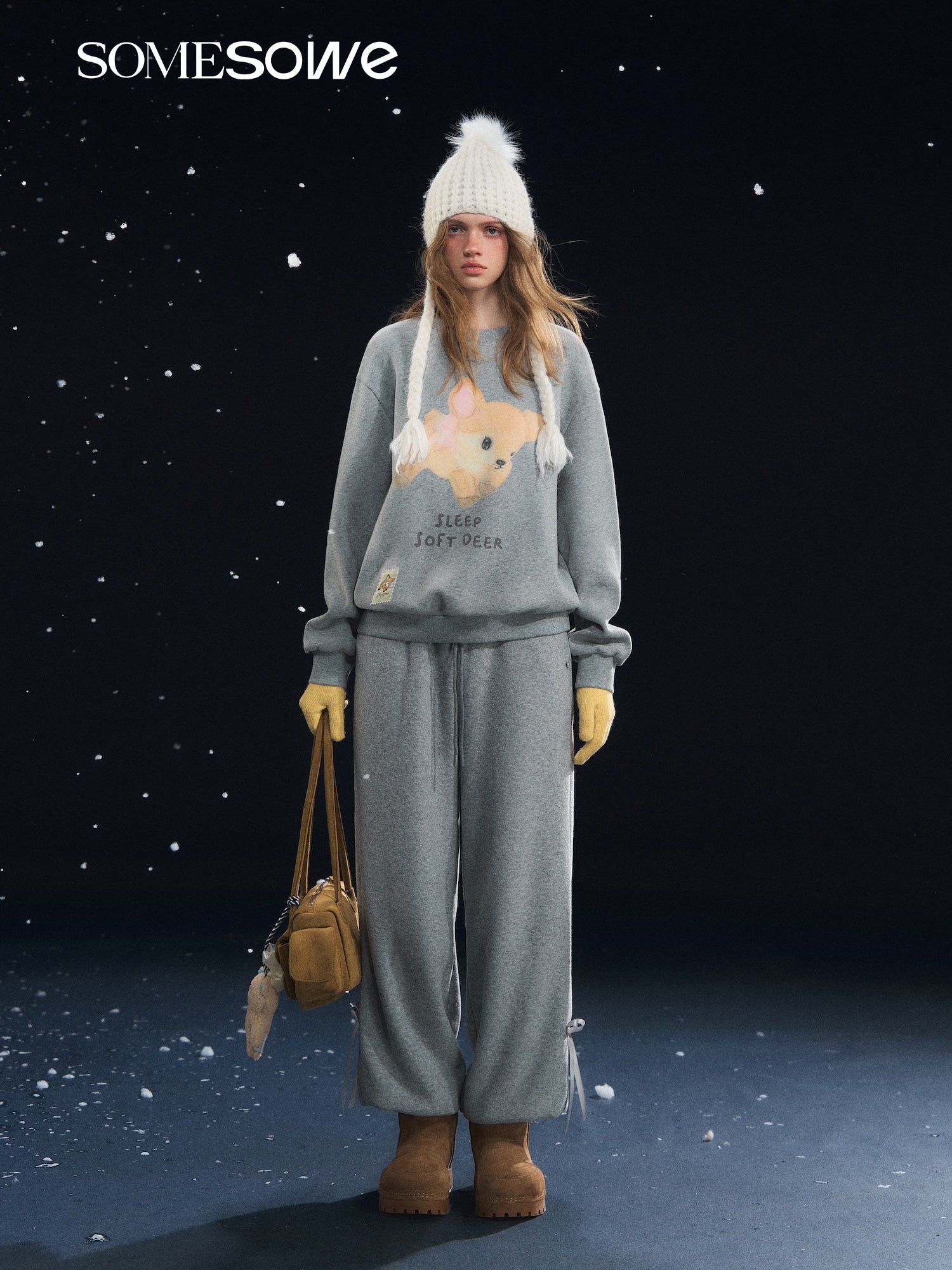 SOMESOWE Deer Fleece Crew Neck Long Sleeve Sweatshirt In Gray | MADAX