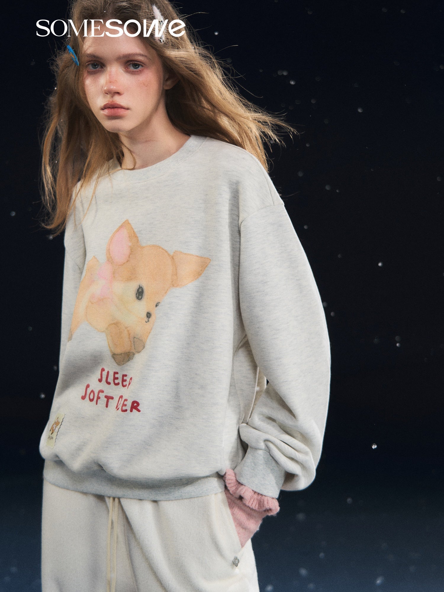 SOMESOWE Deer Fleece Crew Neck Long Sleeve Sweatshirt In White | MADAX