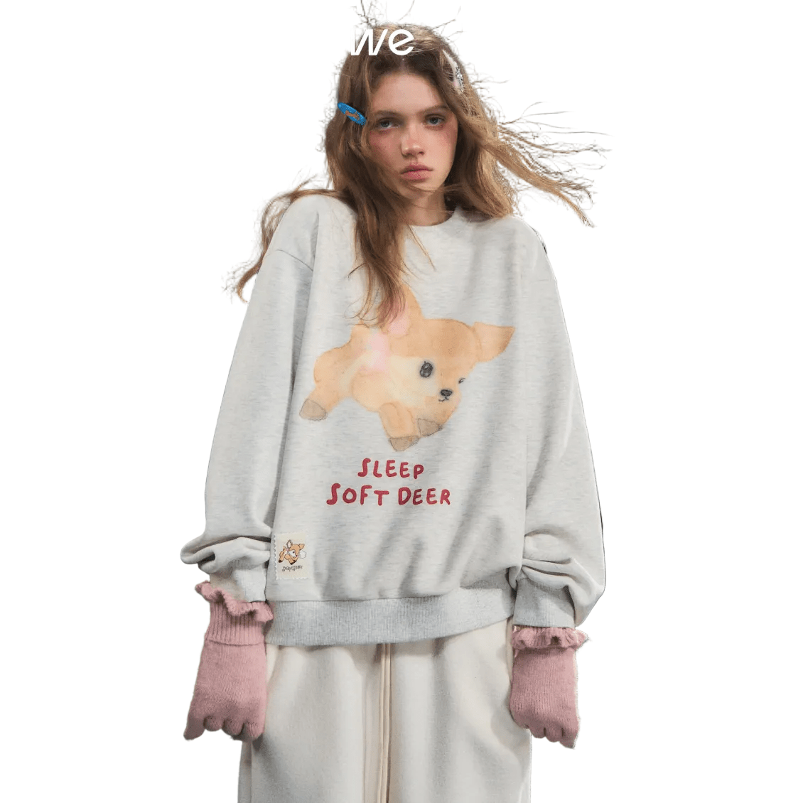 SOMESOWE Deer Fleece Crew Neck Long Sleeve Sweatshirt In White | MADAX