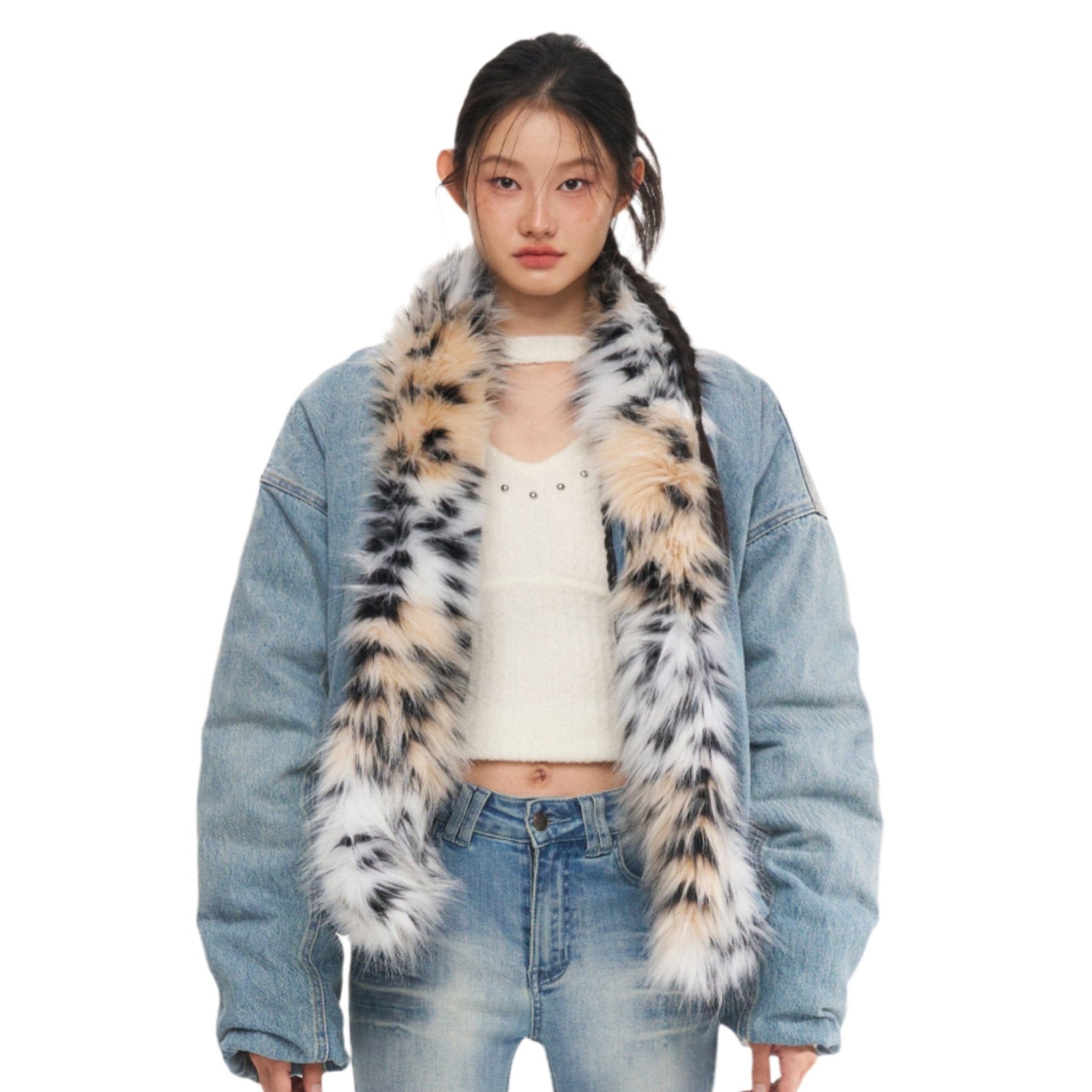 NAWS Denim Leopard - Print Fur Collar Jacket | MADAX