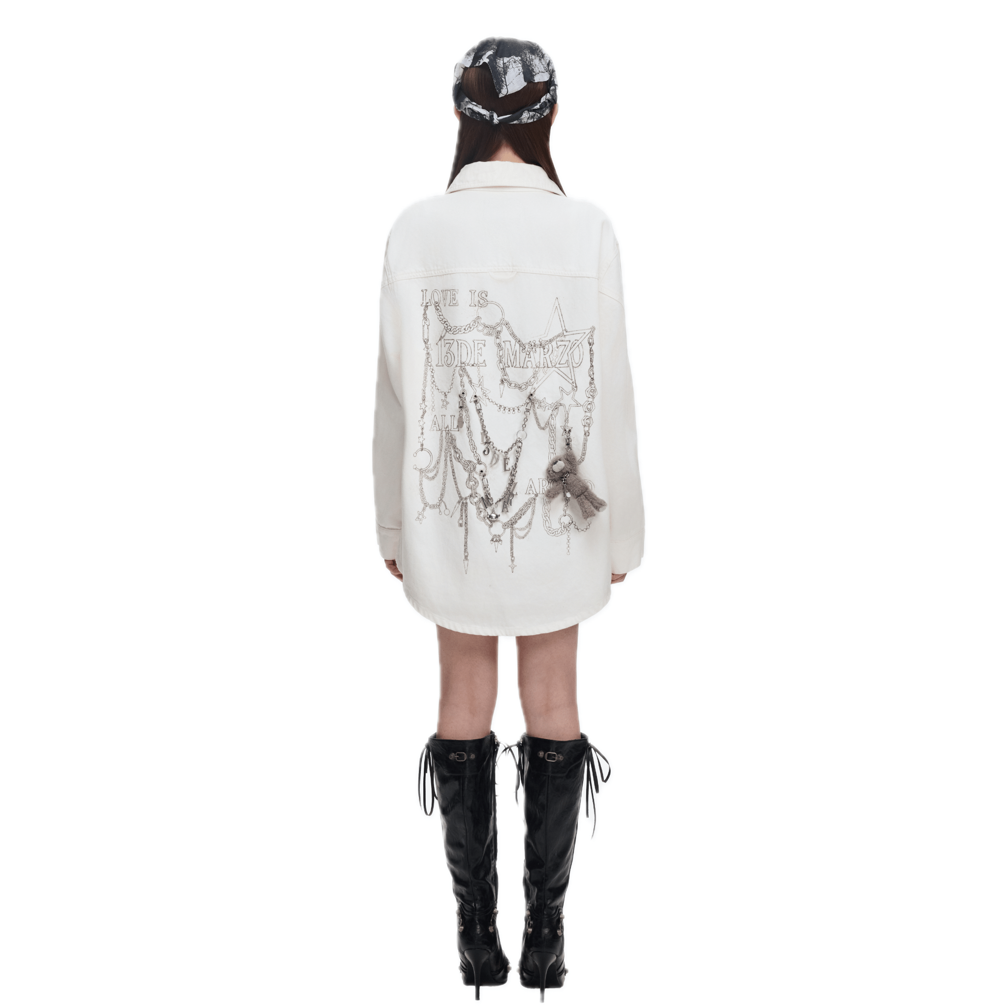 13DE MARZO Denim Long Shirt with Chain Illustration in White | MADAX