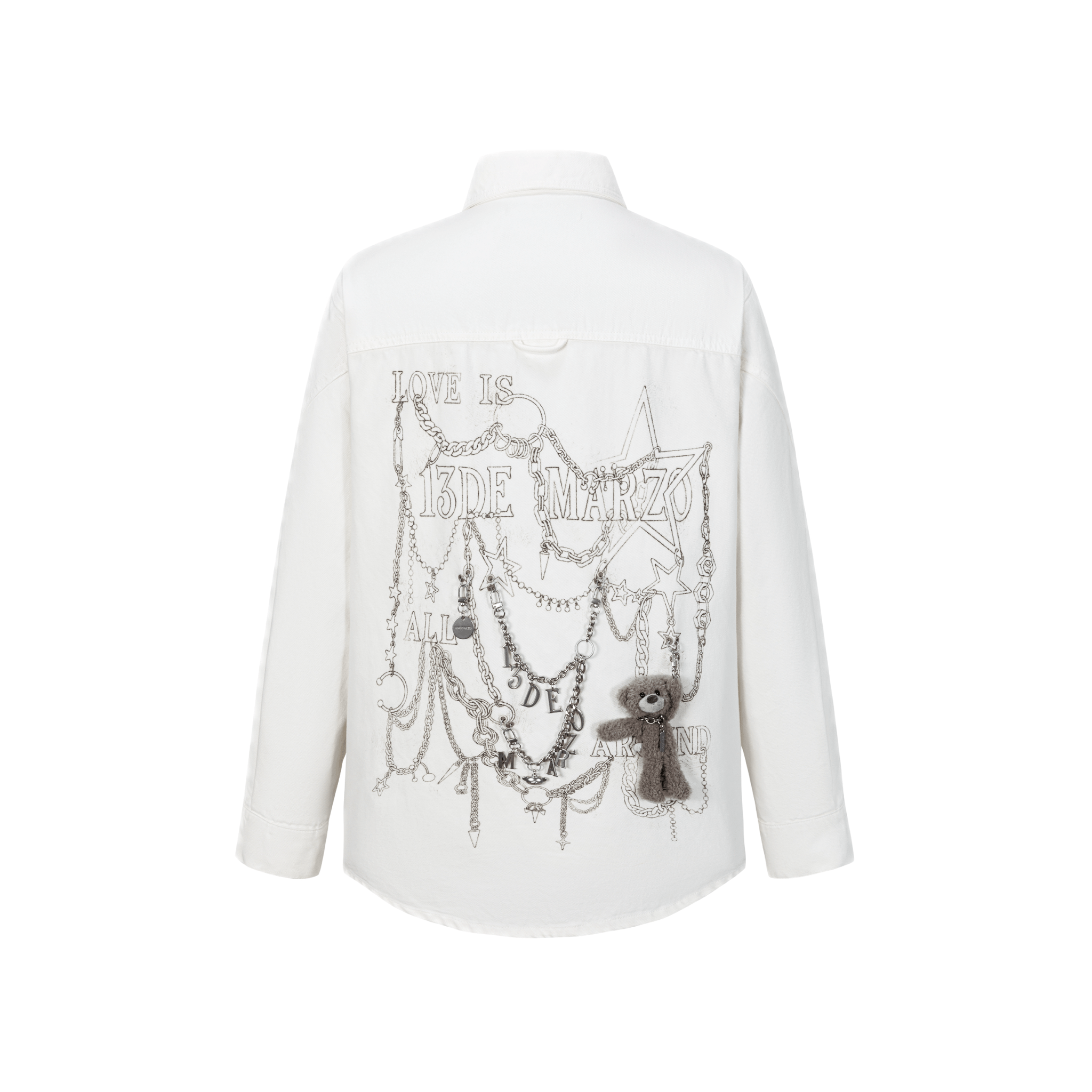13DE MARZO Denim Long Shirt with Chain Illustration in White | MADAX