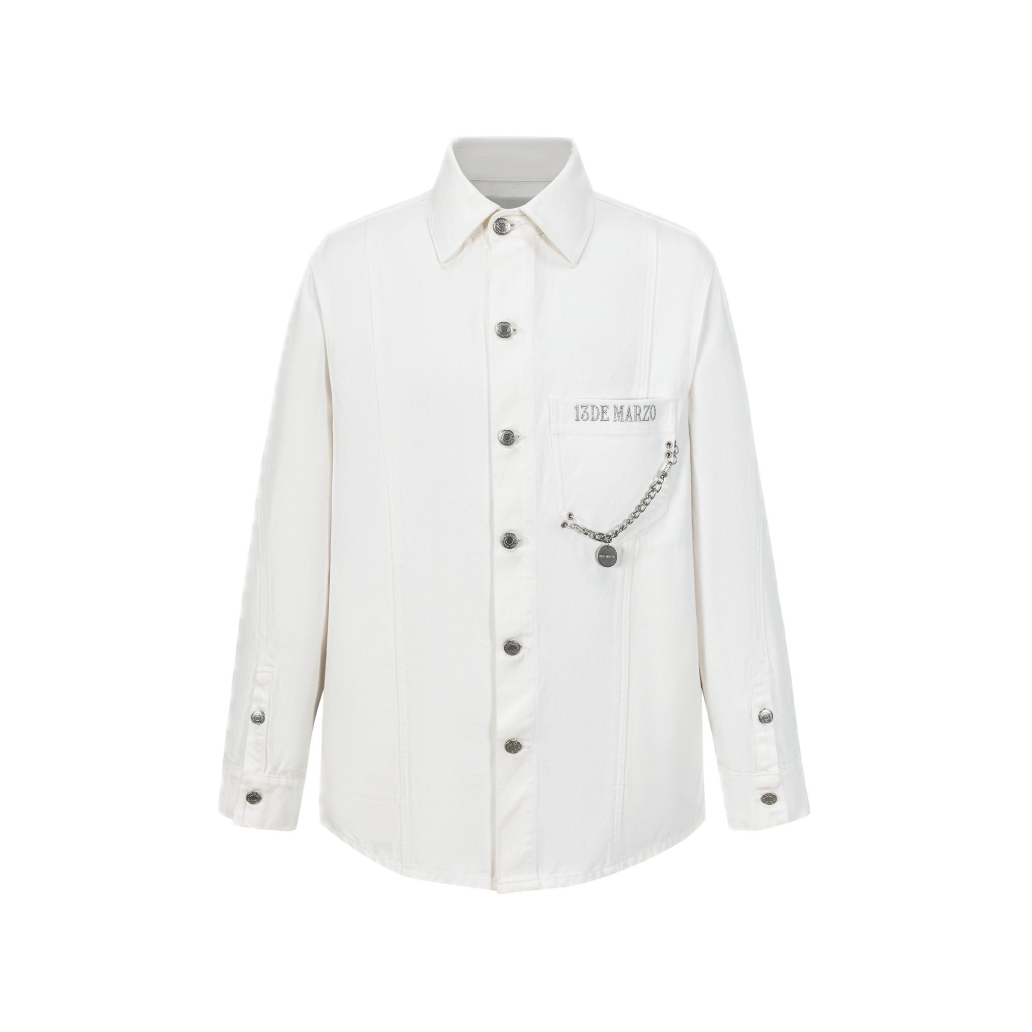13DE MARZO Denim Long Shirt with Chain Illustration in White | MADAX
