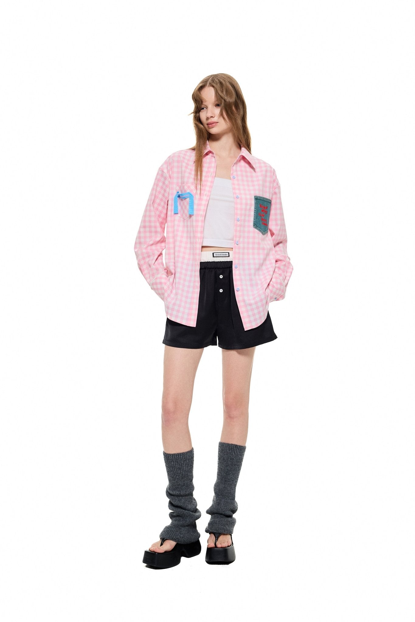 Alexia Sandra Denim Pocket Plaid Shirt in Pink | MADA IN CHINA