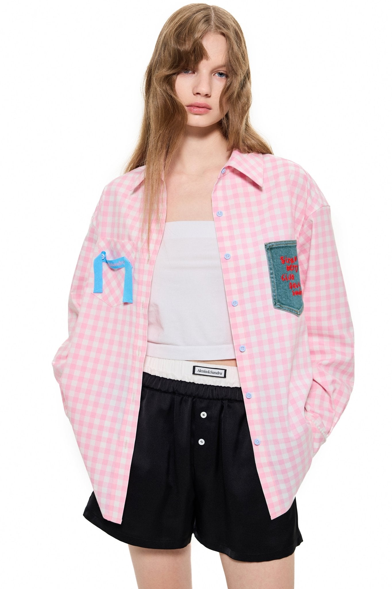 Alexia Sandra Denim Pocket Plaid Shirt in Pink | MADA IN CHINA