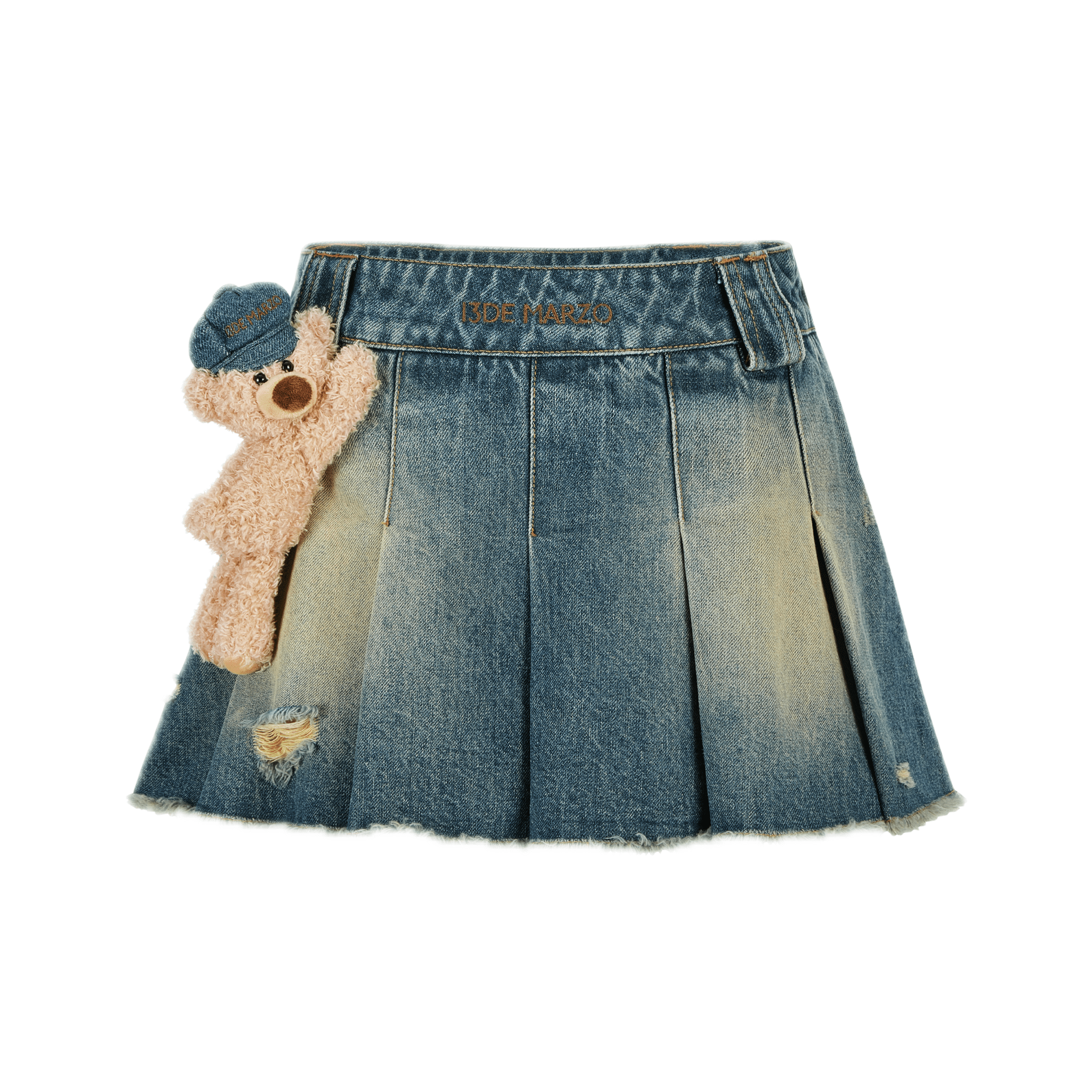13DE MARZO Denim Raw Edge Pleated Skirt in Vintage Blue | MADAX