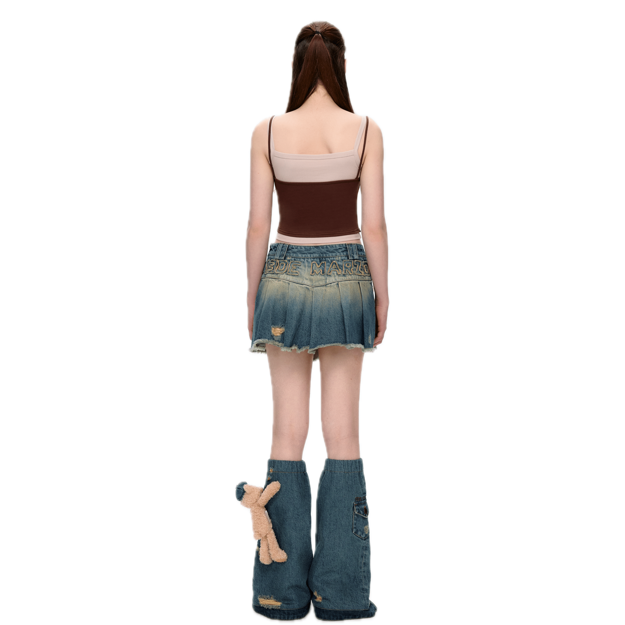 13DE MARZO Denim Raw Edge Pleated Skirt in Vintage Blue | MADAX