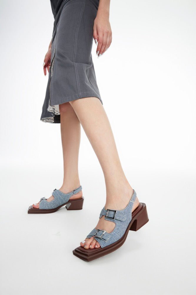 LOST IN ECHO Denim Square Toe Heel Sandals | MADA IN CHINA