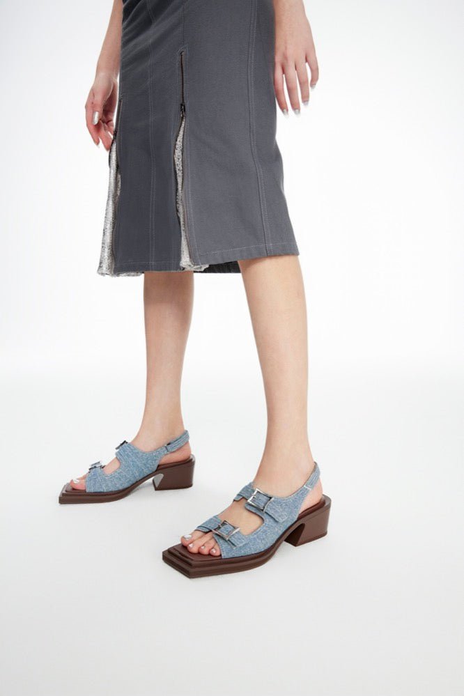 LOST IN ECHO Denim Square Toe Heel Sandals | MADA IN CHINA