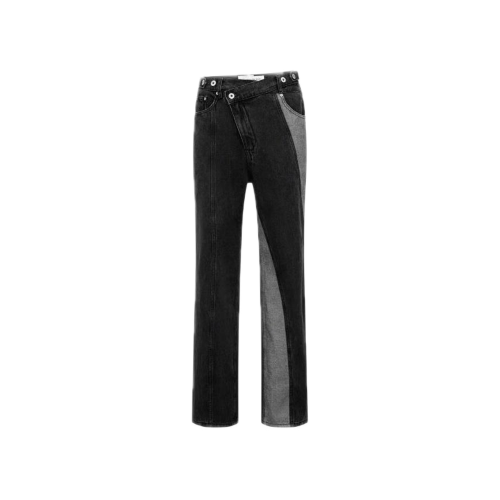 FENGCHEN WANG DENIM TROUSERS WITH IRREGULAR WAISTBAND in BLACK AND GRAY | MADAX