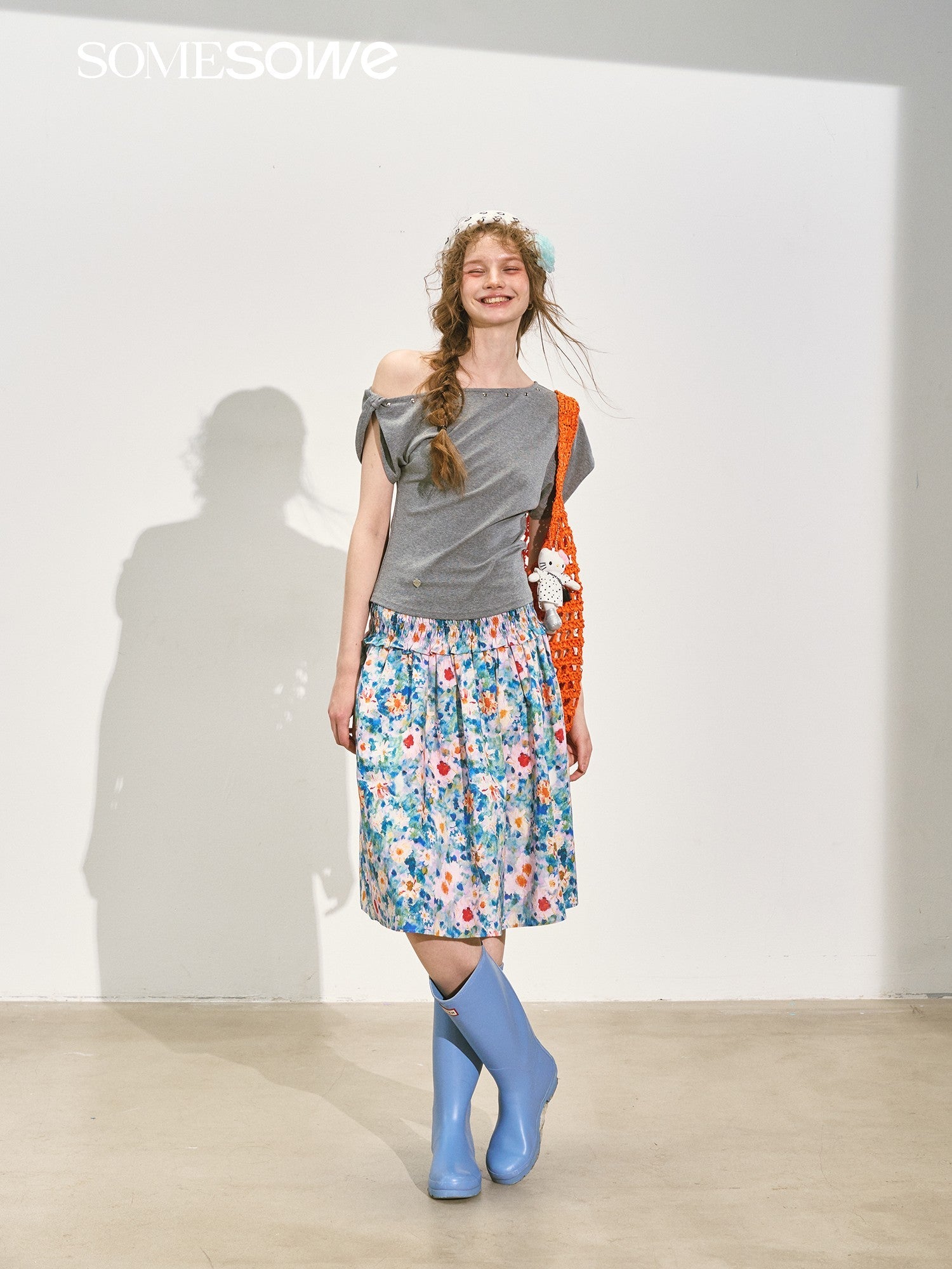 SOMESOWE Designer Off - shoulder Knotted Slim T-shirt In Gray | MADAX