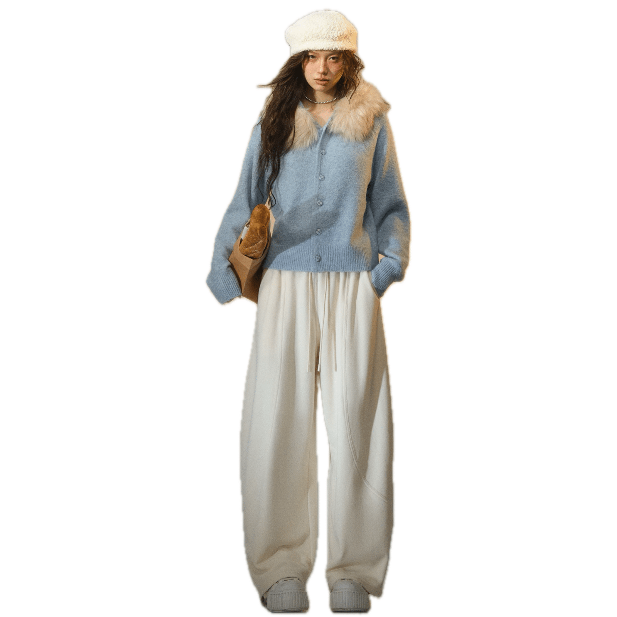 SOMESOWE Detachable Fur Collar Cowhide Hooded Cardigan in Light Blue | MADAX
