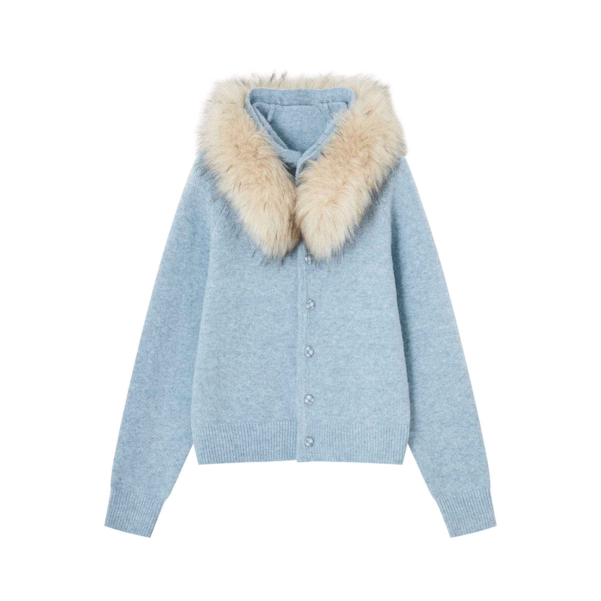 SOMESOWE Detachable Fur Collar Cowhide Hooded Cardigan in Light Blue | MADAX