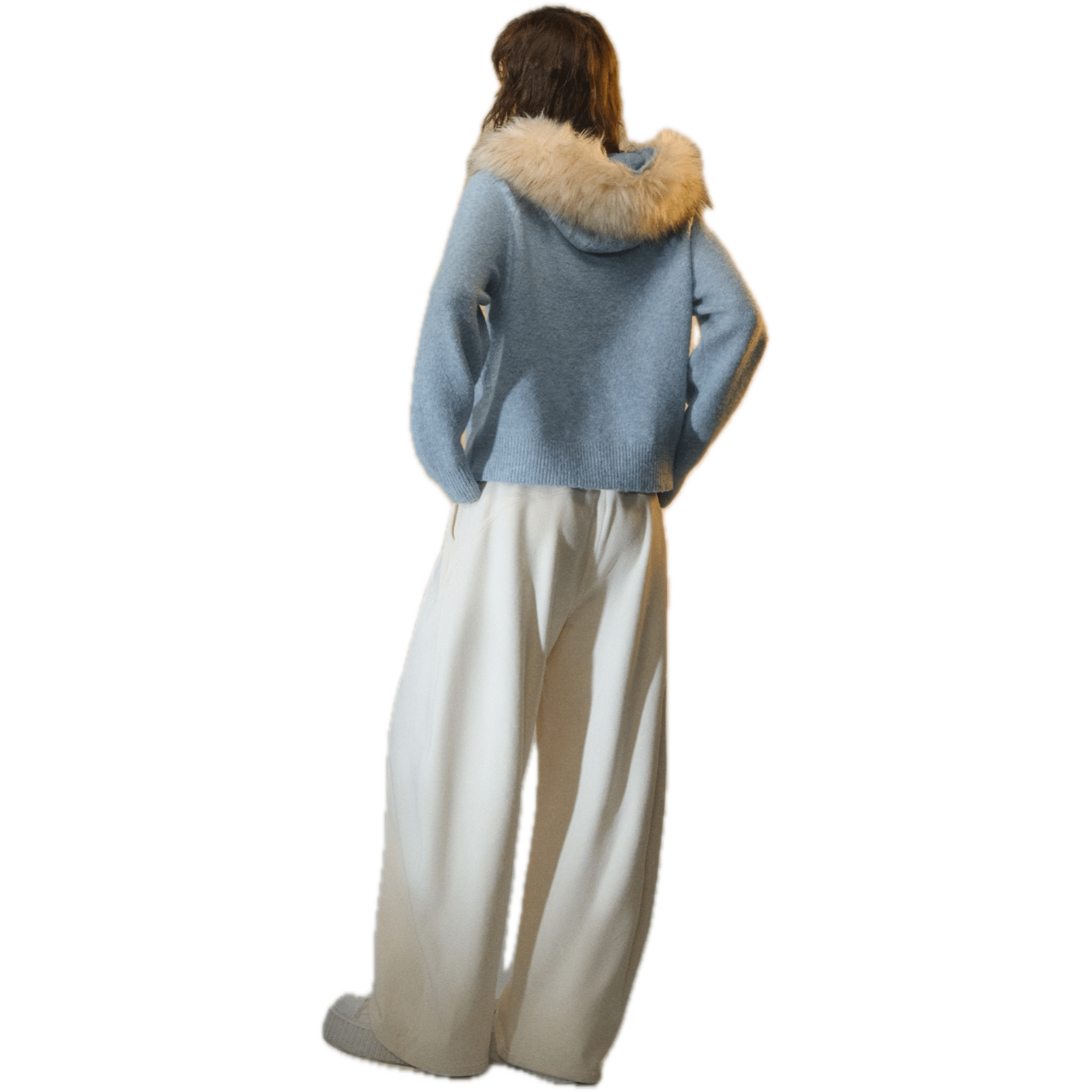 SOMESOWE Detachable Fur Collar Cowhide Hooded Cardigan in Light Blue | MADAX