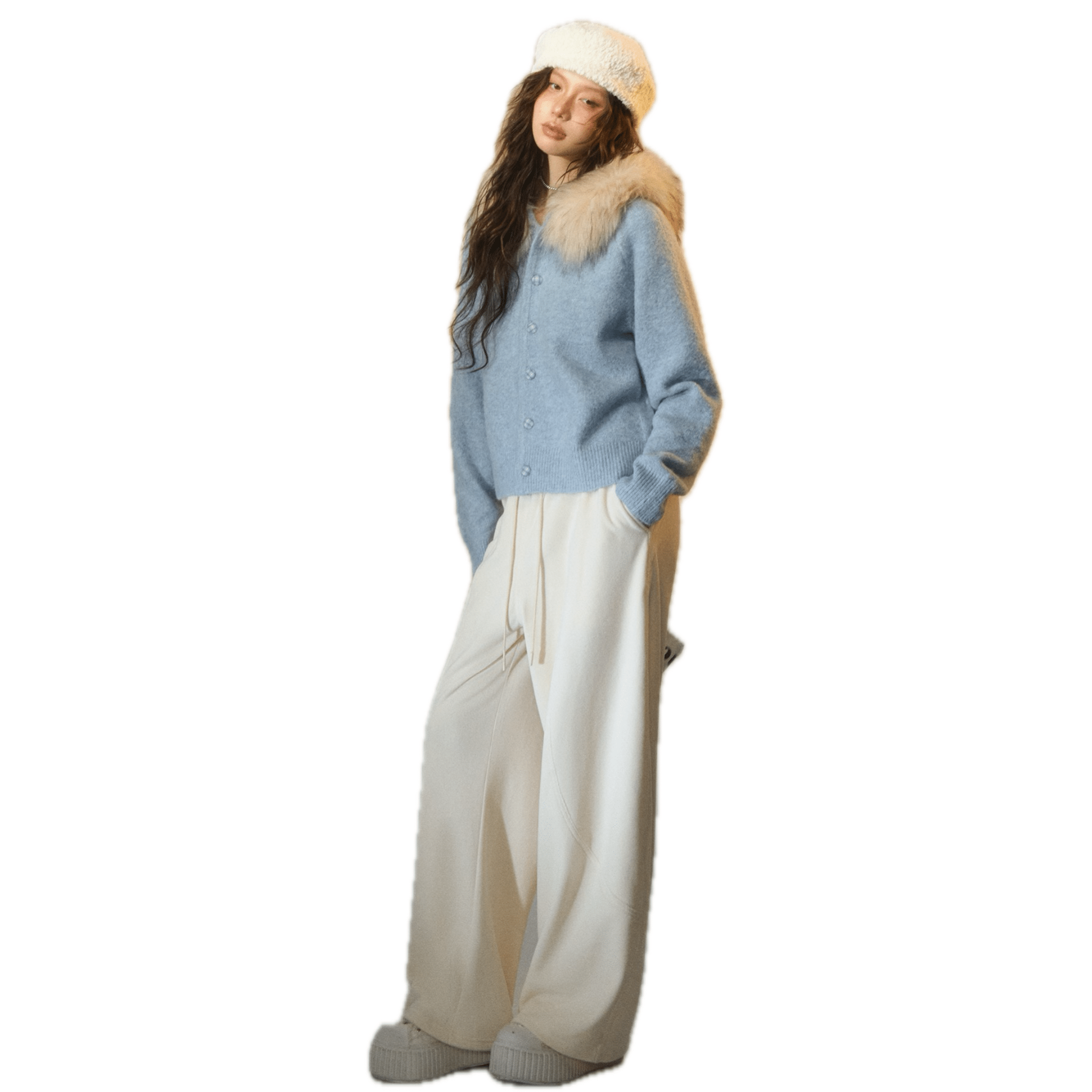 SOMESOWE Detachable Fur Collar Cowhide Hooded Cardigan in Light Blue | MADAX