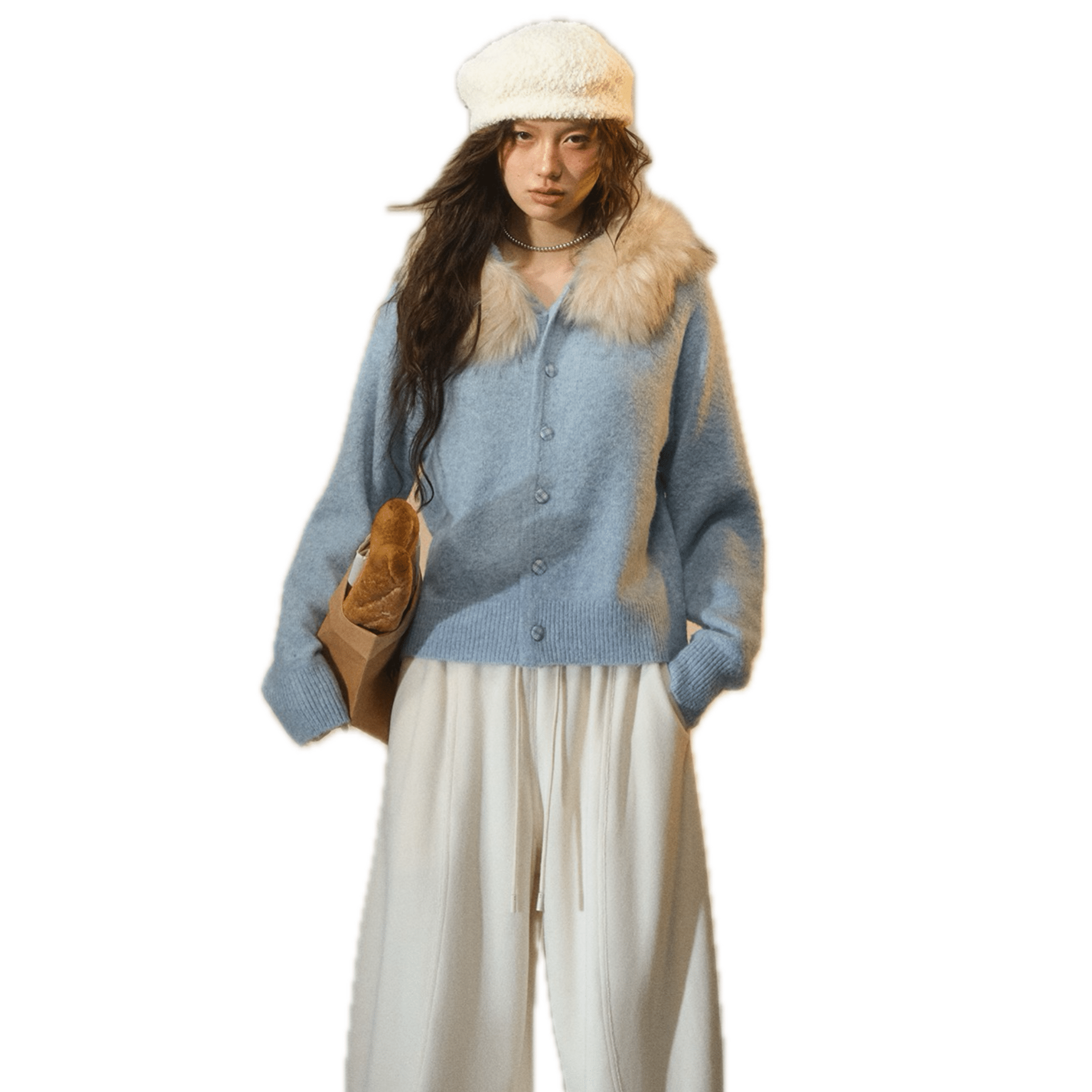 SOMESOWE Detachable Fur Collar Cowhide Hooded Cardigan in Light Blue | MADAX