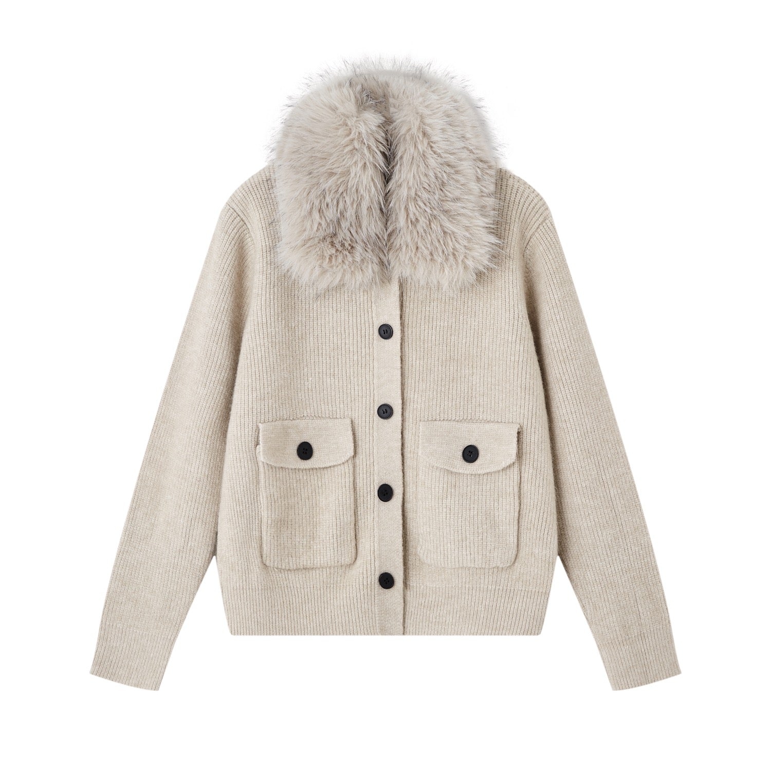 SOMESOWE Detachable Fur Collar Ribbed Cardigan In Oatmeal Color | MADAX