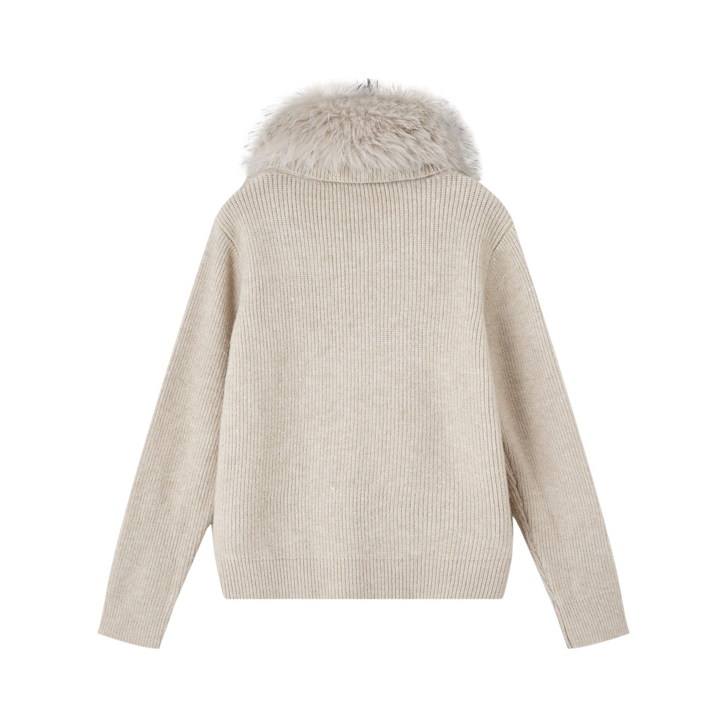 SOMESOWE Detachable Fur Collar Ribbed Cardigan In Oatmeal Color | MADAX