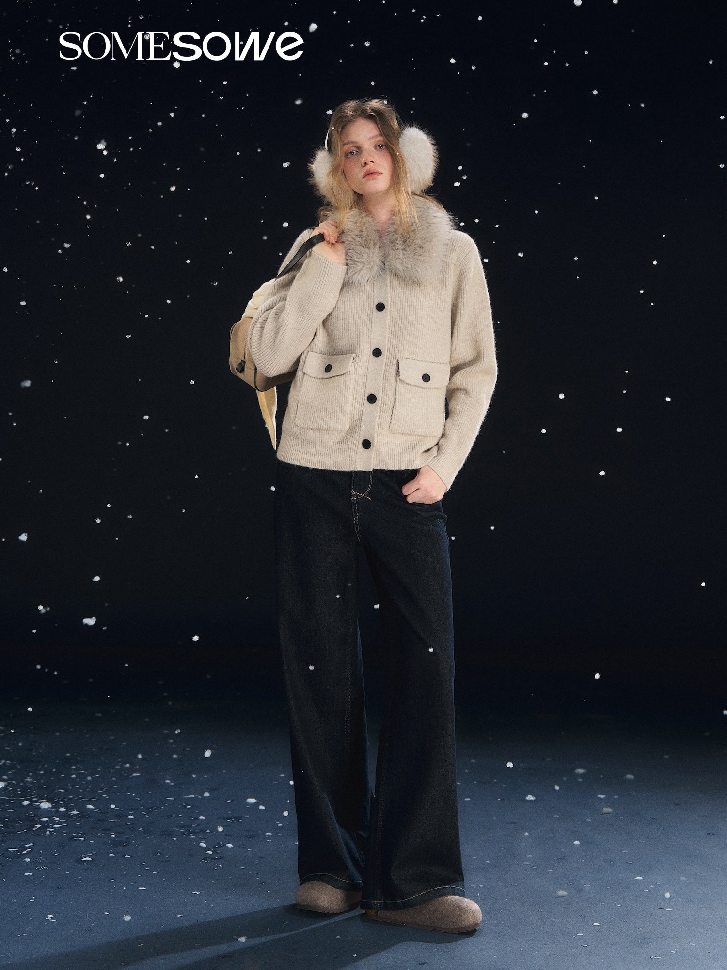 SOMESOWE Detachable Fur Collar Ribbed Cardigan In Oatmeal Color | MADAX