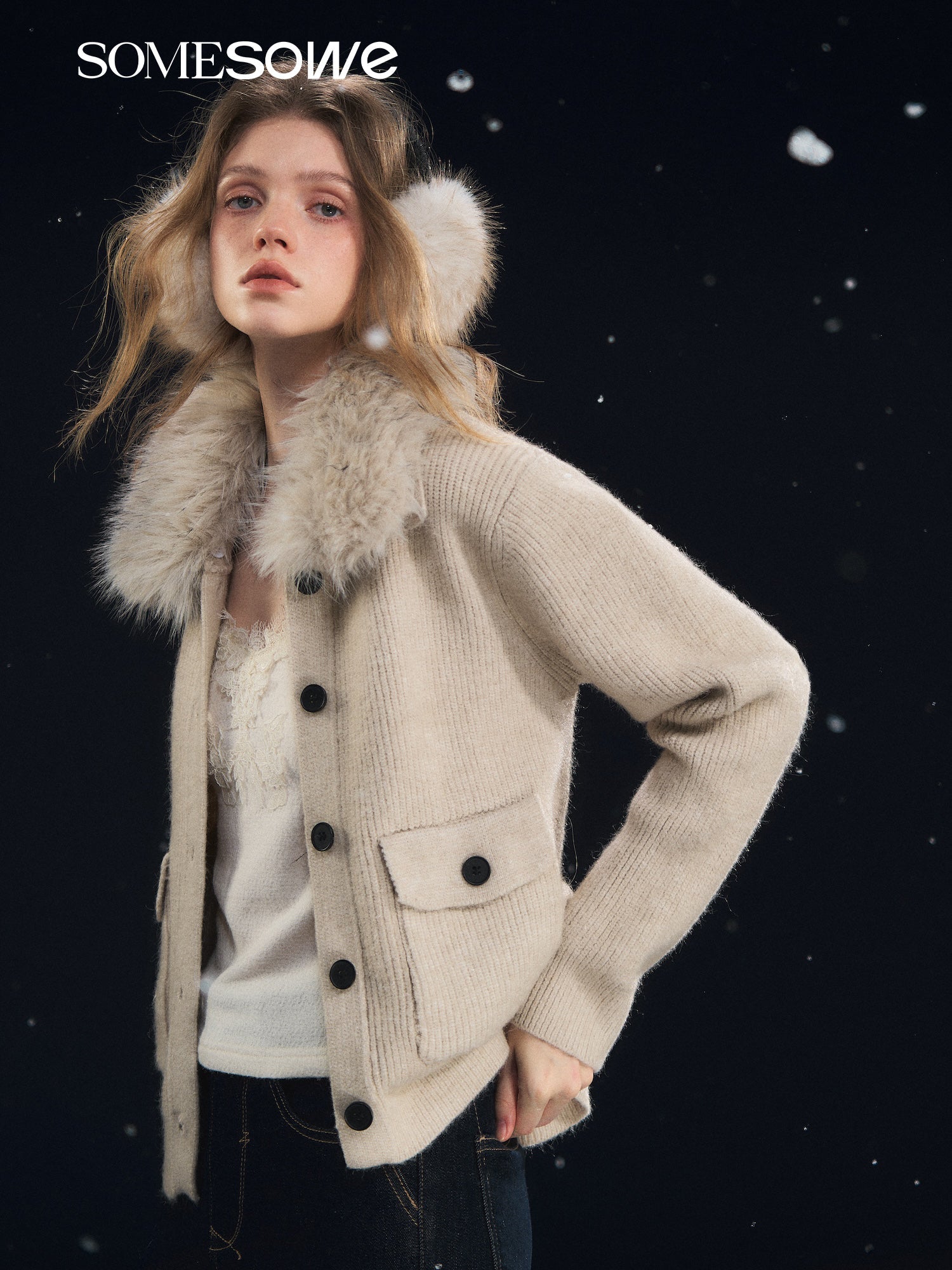 SOMESOWE Detachable Fur Collar Ribbed Cardigan In Oatmeal Color | MADAX