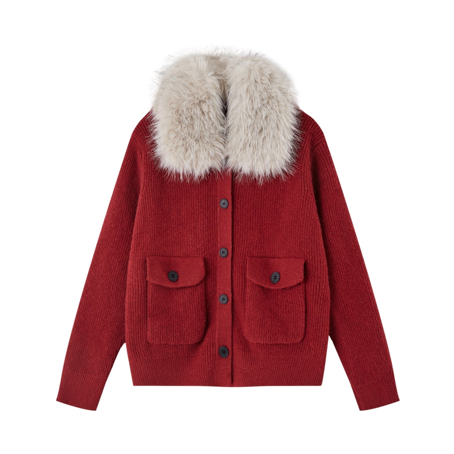 SOMESOWE Detachable Fur Collar Ribbed Cardigan In Red | MADAX