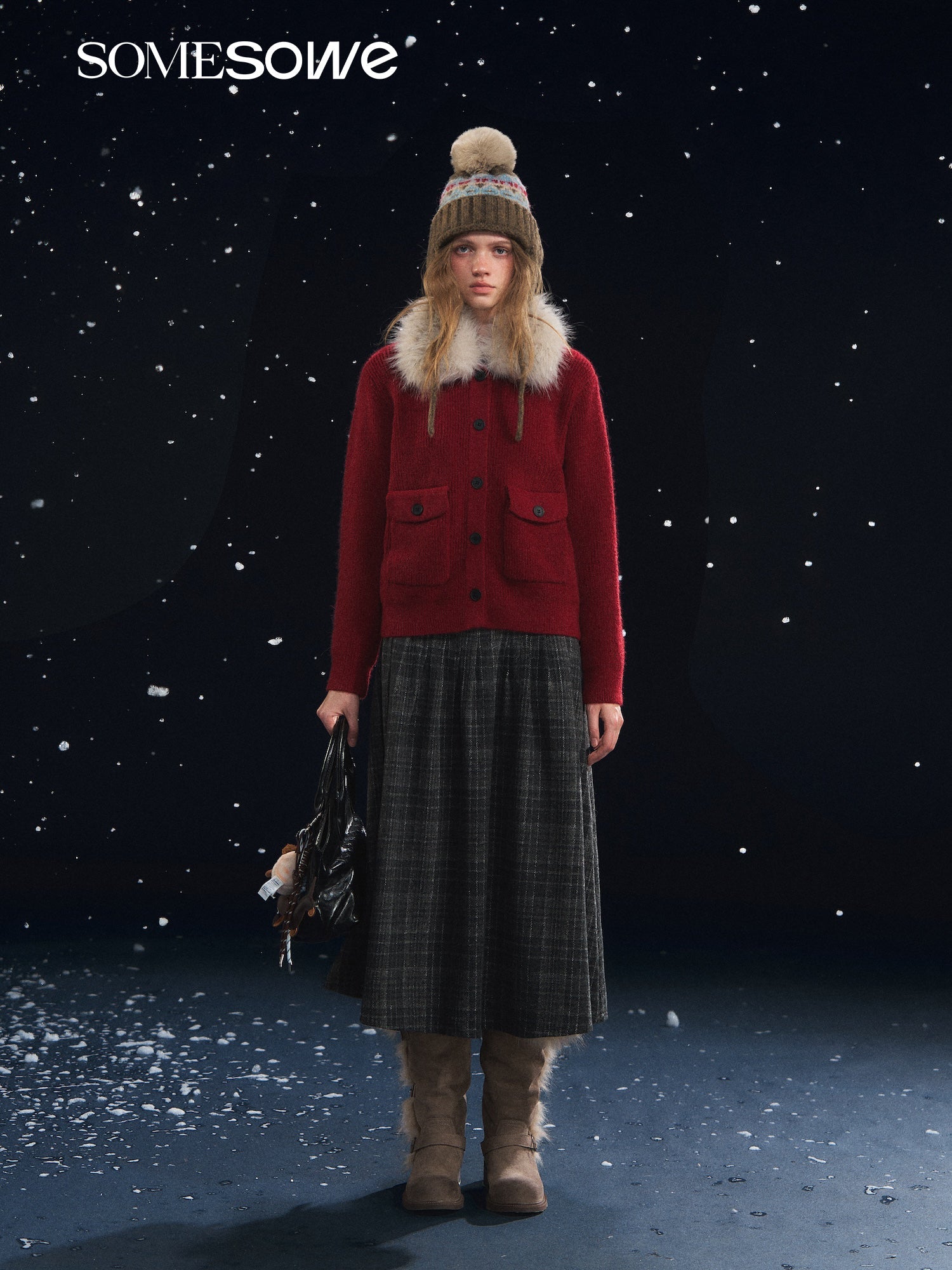 SOMESOWE Detachable Fur Collar Ribbed Cardigan In Red | MADAX