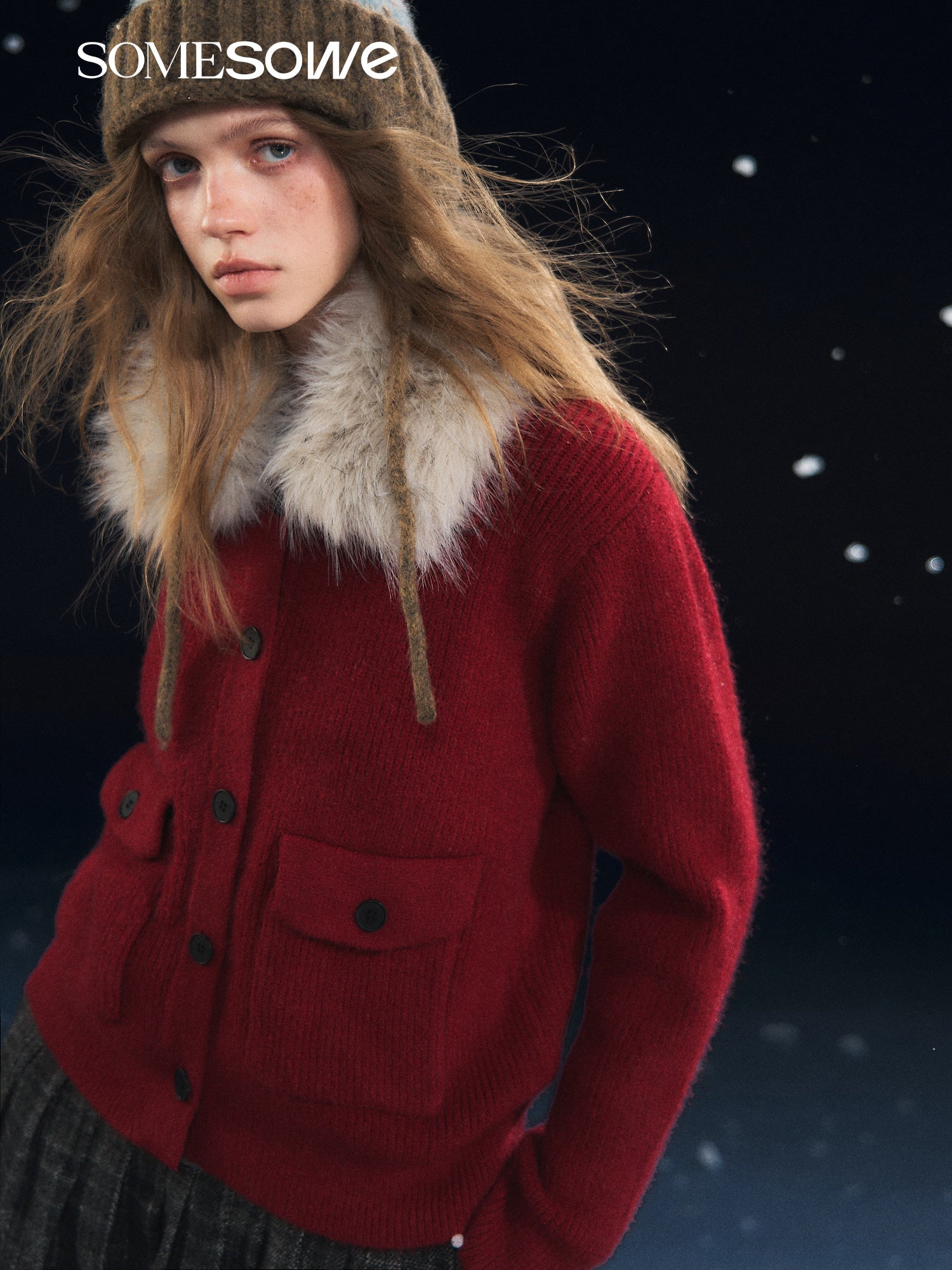 SOMESOWE Detachable Fur Collar Ribbed Cardigan In Red | MADAX