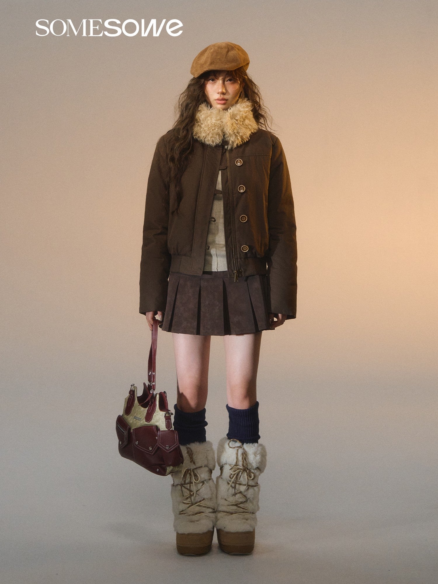 SOMESOWE Detachable Fur Collar Slim Down Jacket In Dark Brown | MADAX