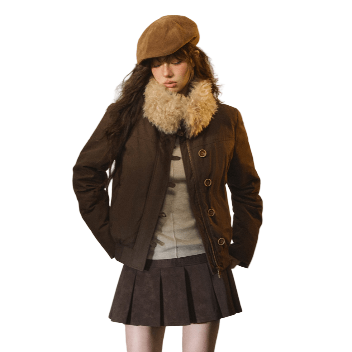 SOMESOWE Detachable Fur Collar Slim Down Jacket In Dark Brown | MADAX