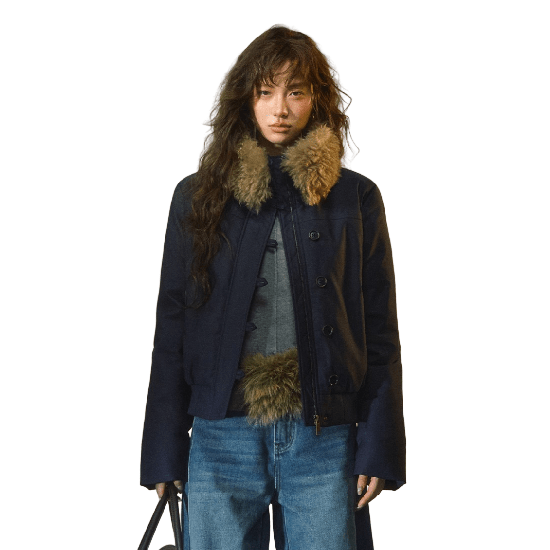 SOMESOWE Detachable Fur Collar Slim Down Jacket In Navy Blue | MADAX